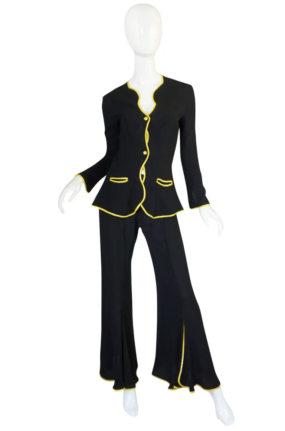 1970s Yellow Trim Ossie Clark Moss Crepe Trouser Suit