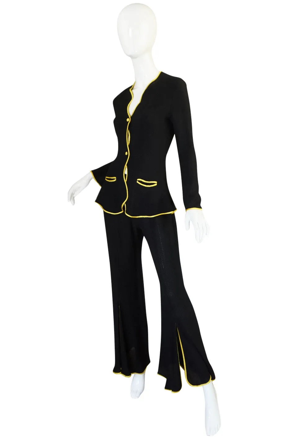 1970s Yellow Trim Ossie Clark Moss Crepe Trouser Suit
