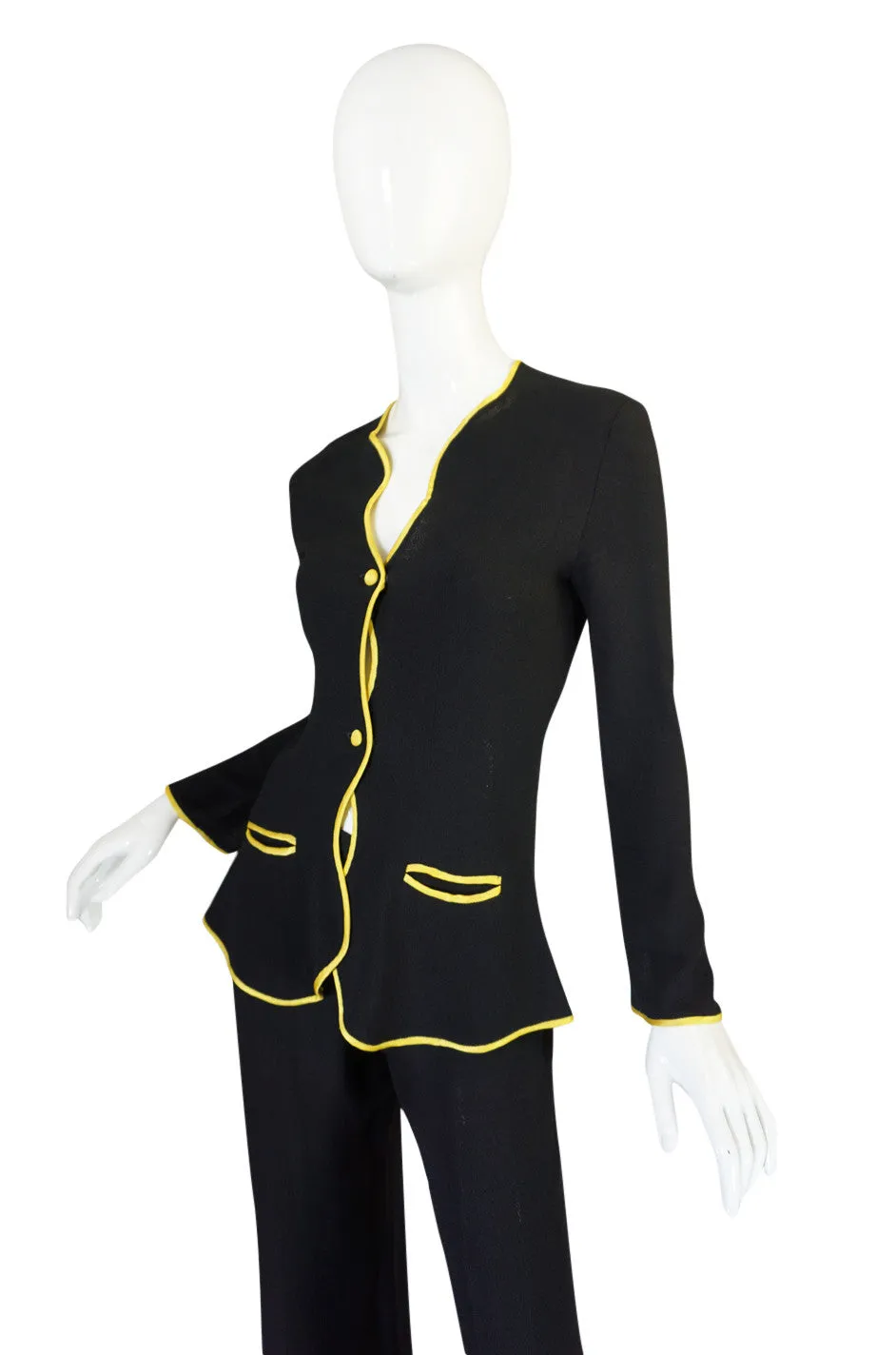1970s Yellow Trim Ossie Clark Moss Crepe Trouser Suit