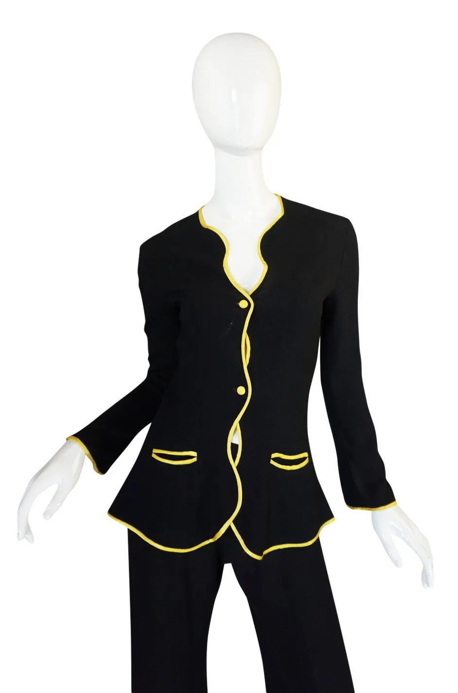 1970s Yellow Trim Ossie Clark Moss Crepe Trouser Suit