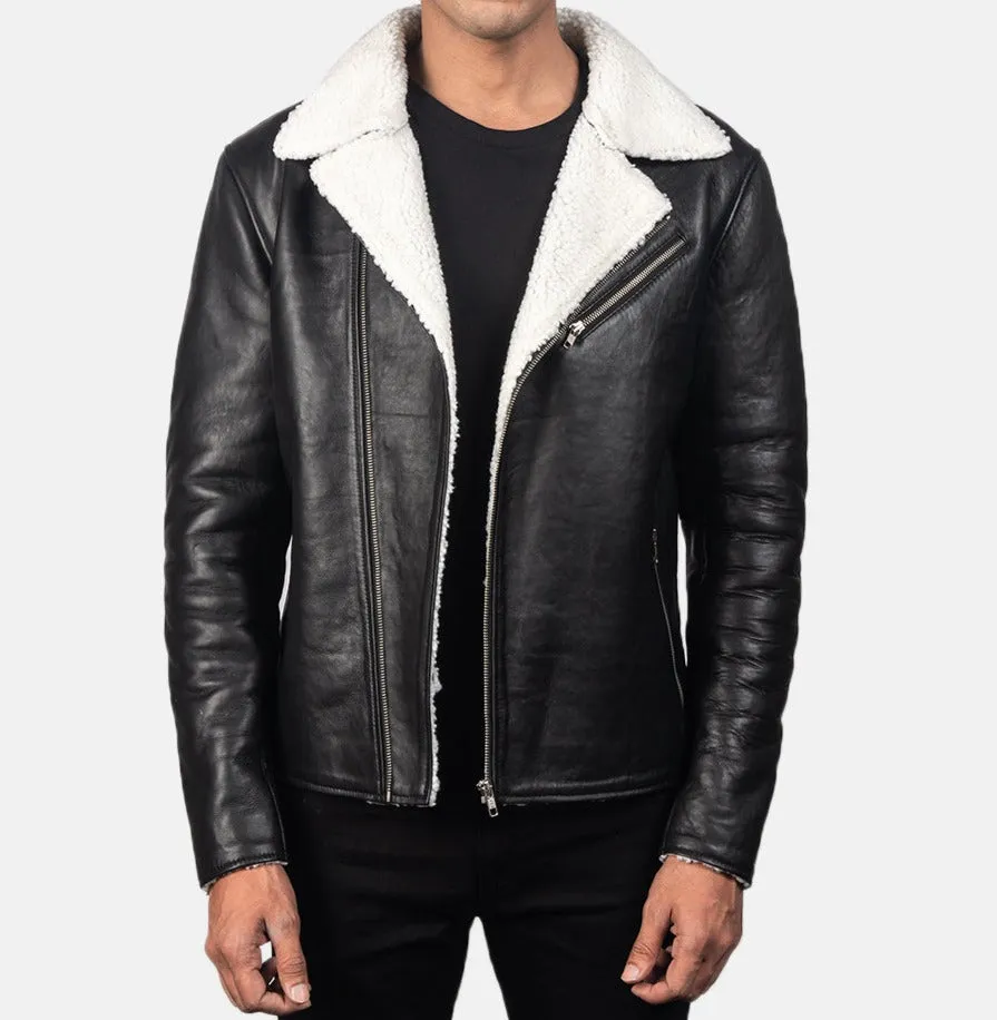 BIKER-1404 MUSH White Shearling Black Leather Jacket