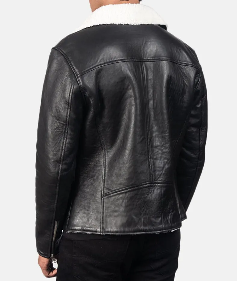 BIKER-1404 MUSH White Shearling Black Leather Jacket