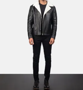BIKER-1404 MUSH White Shearling Black Leather Jacket