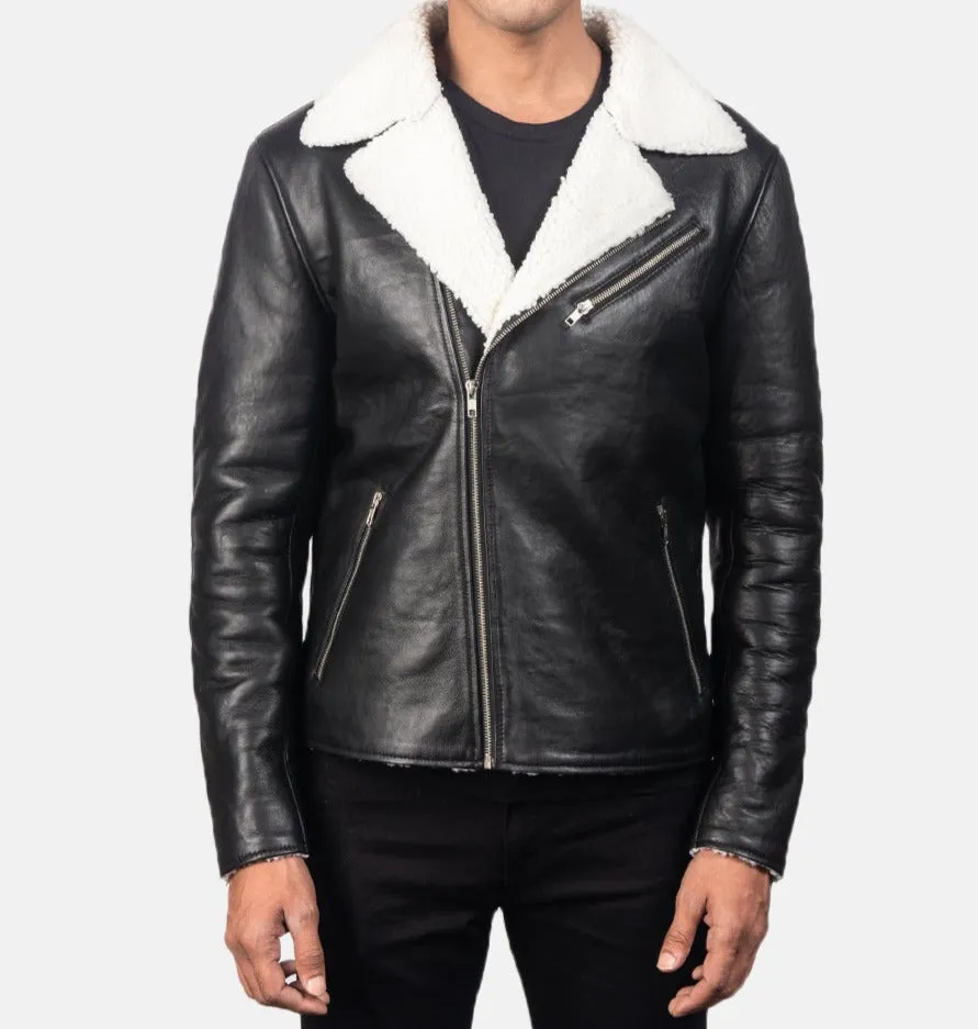 BIKER-1404 MUSH White Shearling Black Leather Jacket