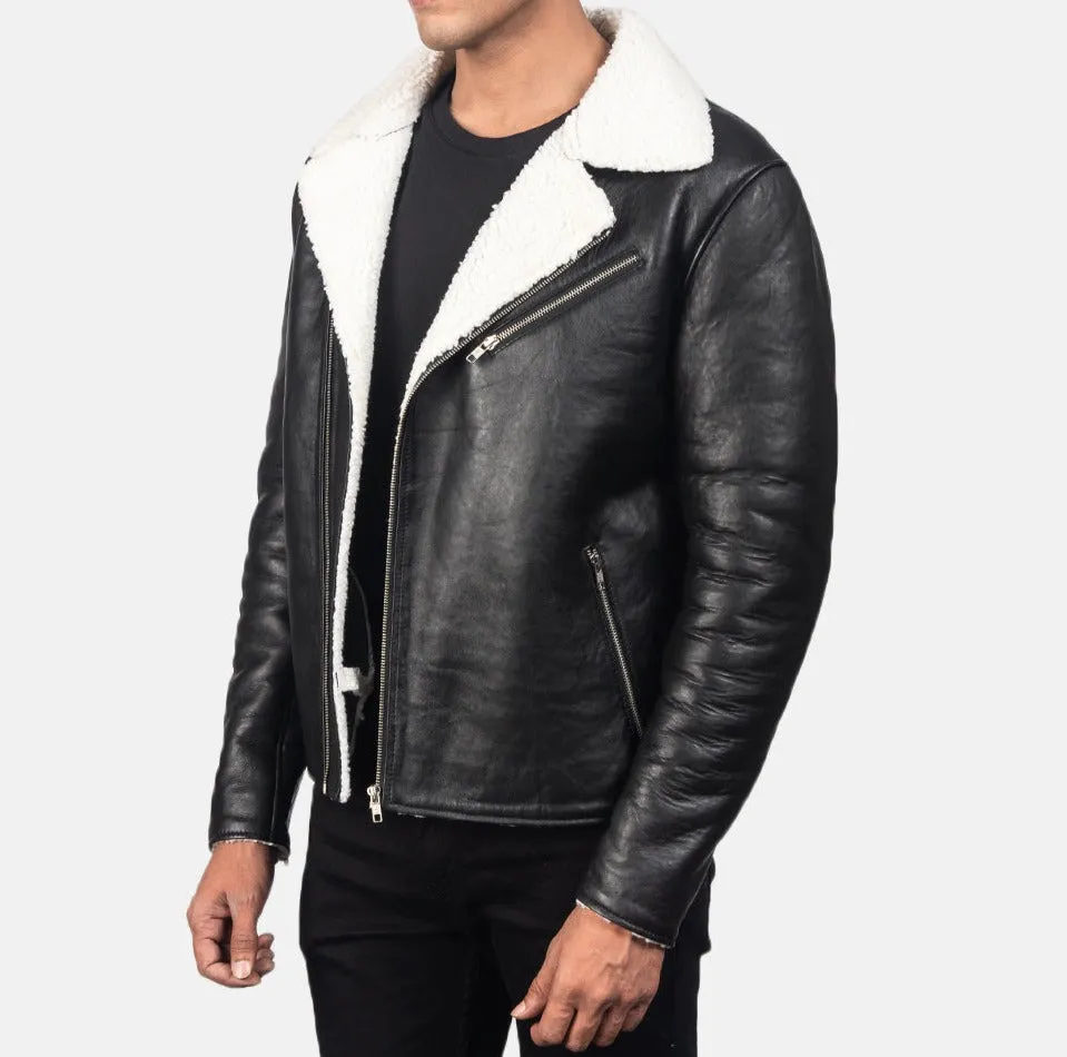 BIKER-1404 MUSH White Shearling Black Leather Jacket