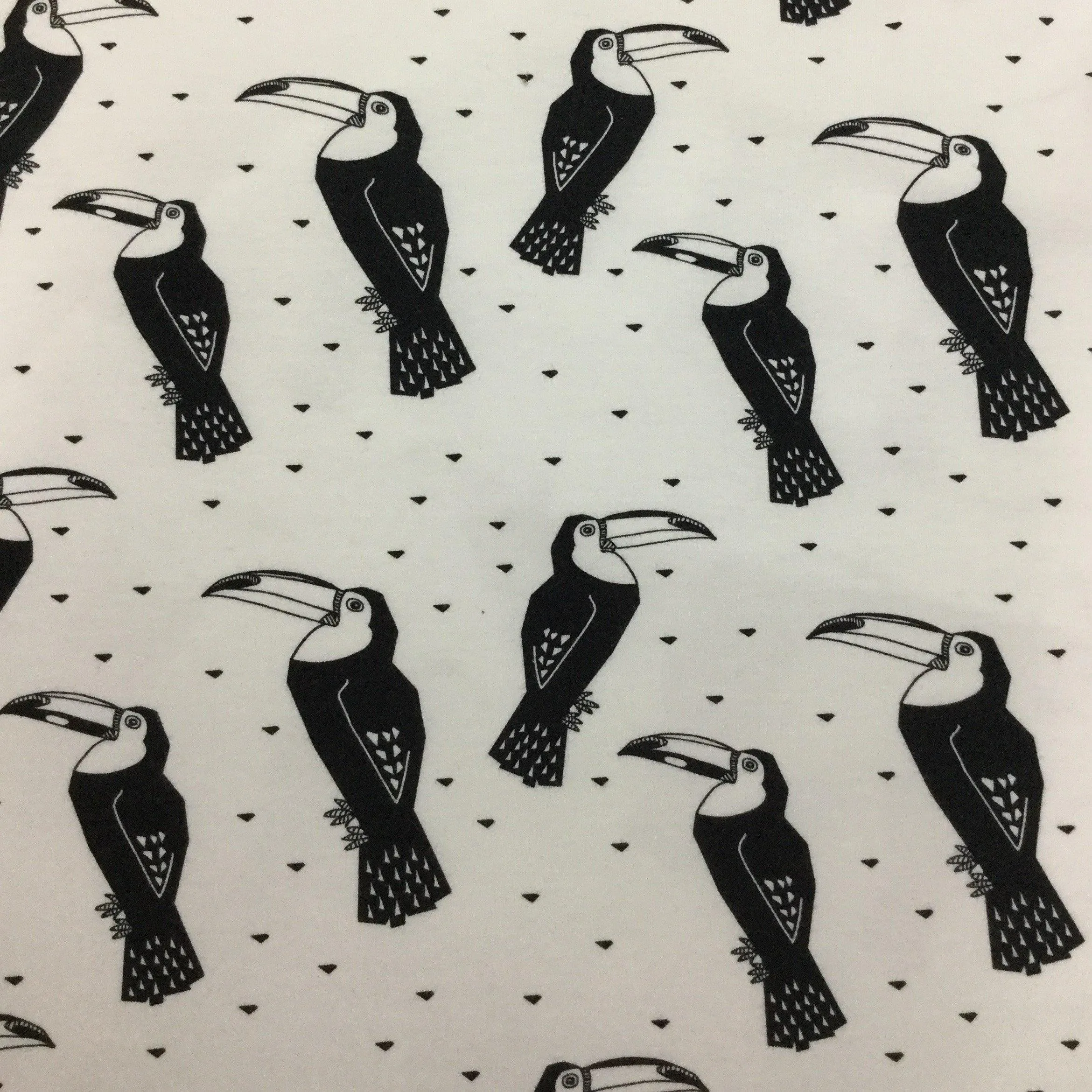Black Toucans on White Organic Cotton/Spandex Jersey Fabric