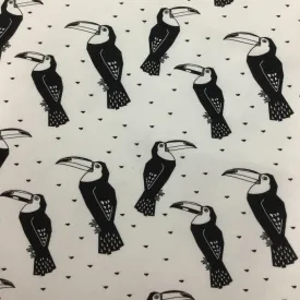 Black Toucans on White Organic Cotton/Spandex Jersey Fabric
