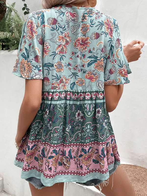 Boho Floral Print Blouse - Short Flared Sleeve Top With Neck Tie
