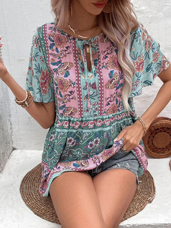 Boho Floral Print Blouse - Short Flared Sleeve Top With Neck Tie