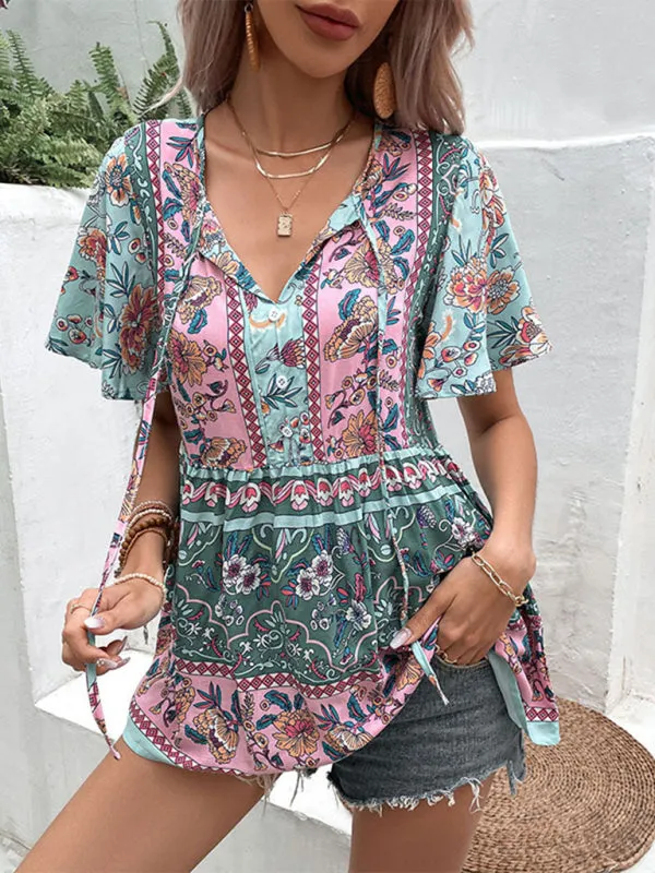 Boho Floral Print Blouse - Short Flared Sleeve Top With Neck Tie