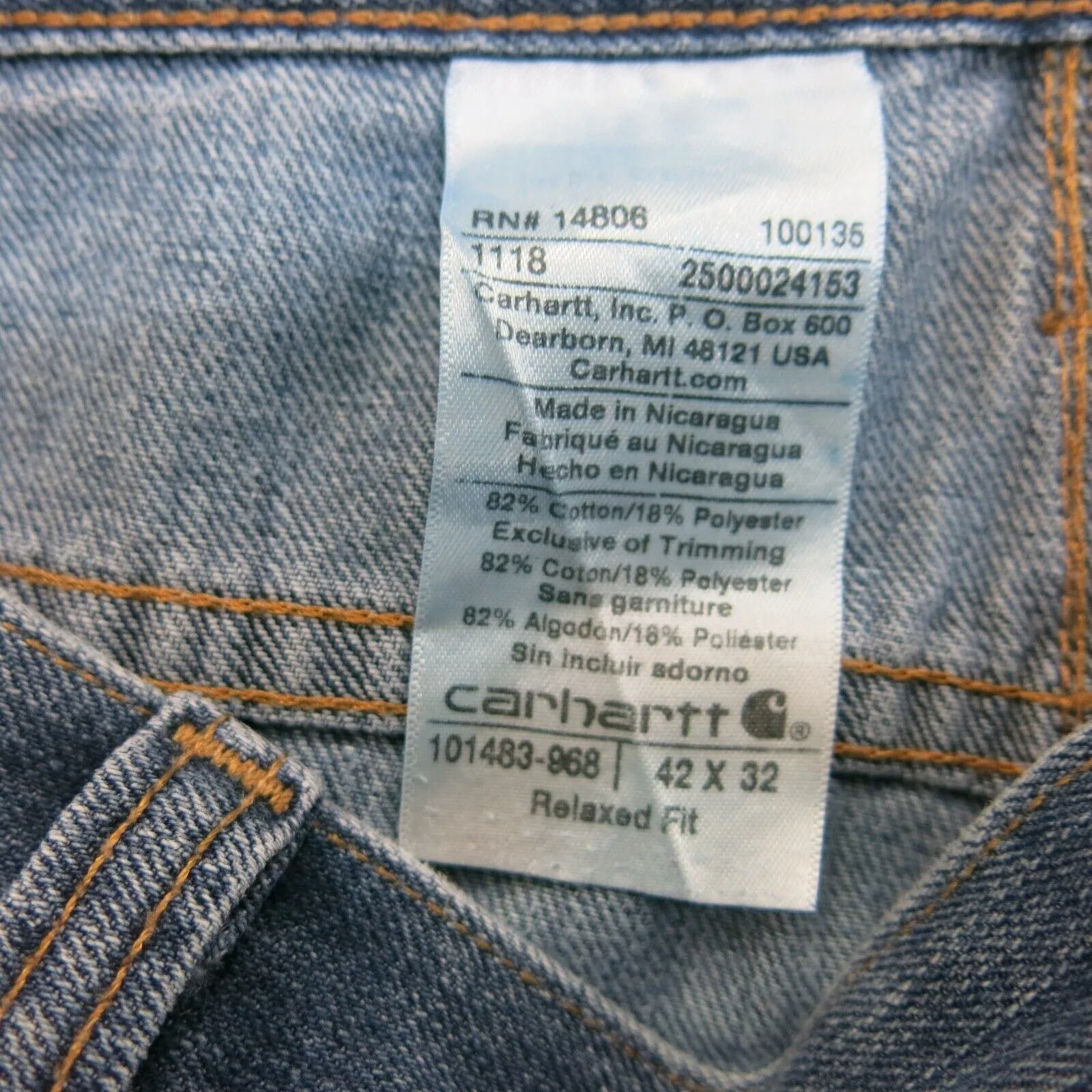 Carhartt Jeans Men 42X32 Blue Relaxed Fit Denim Straight Leg Pants Cotton Casual