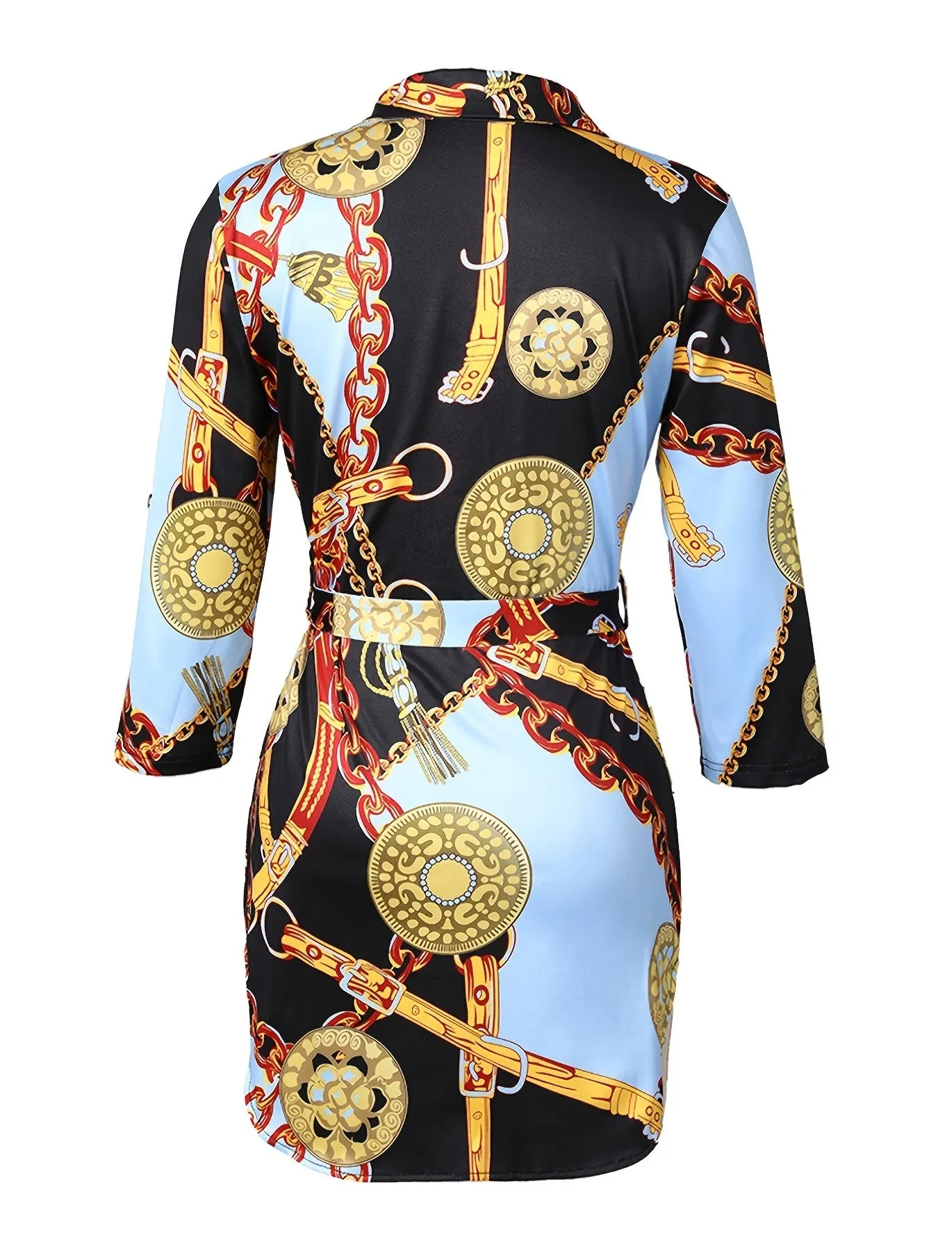 Chain Print Shirt Dress; Casual Split Bodycon Long Sleeve Button Down Dress