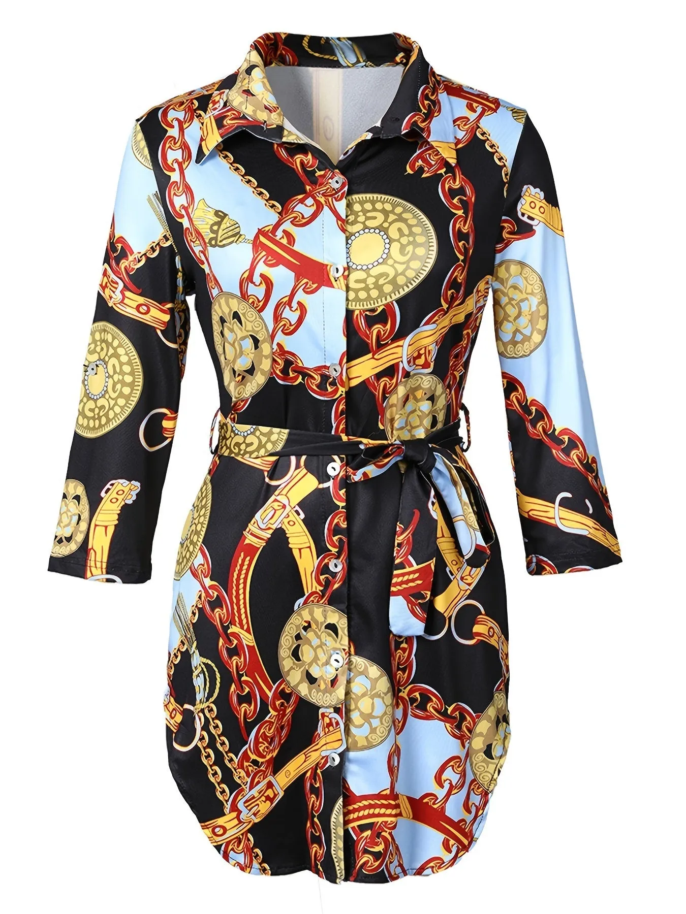 Chain Print Shirt Dress; Casual Split Bodycon Long Sleeve Button Down Dress