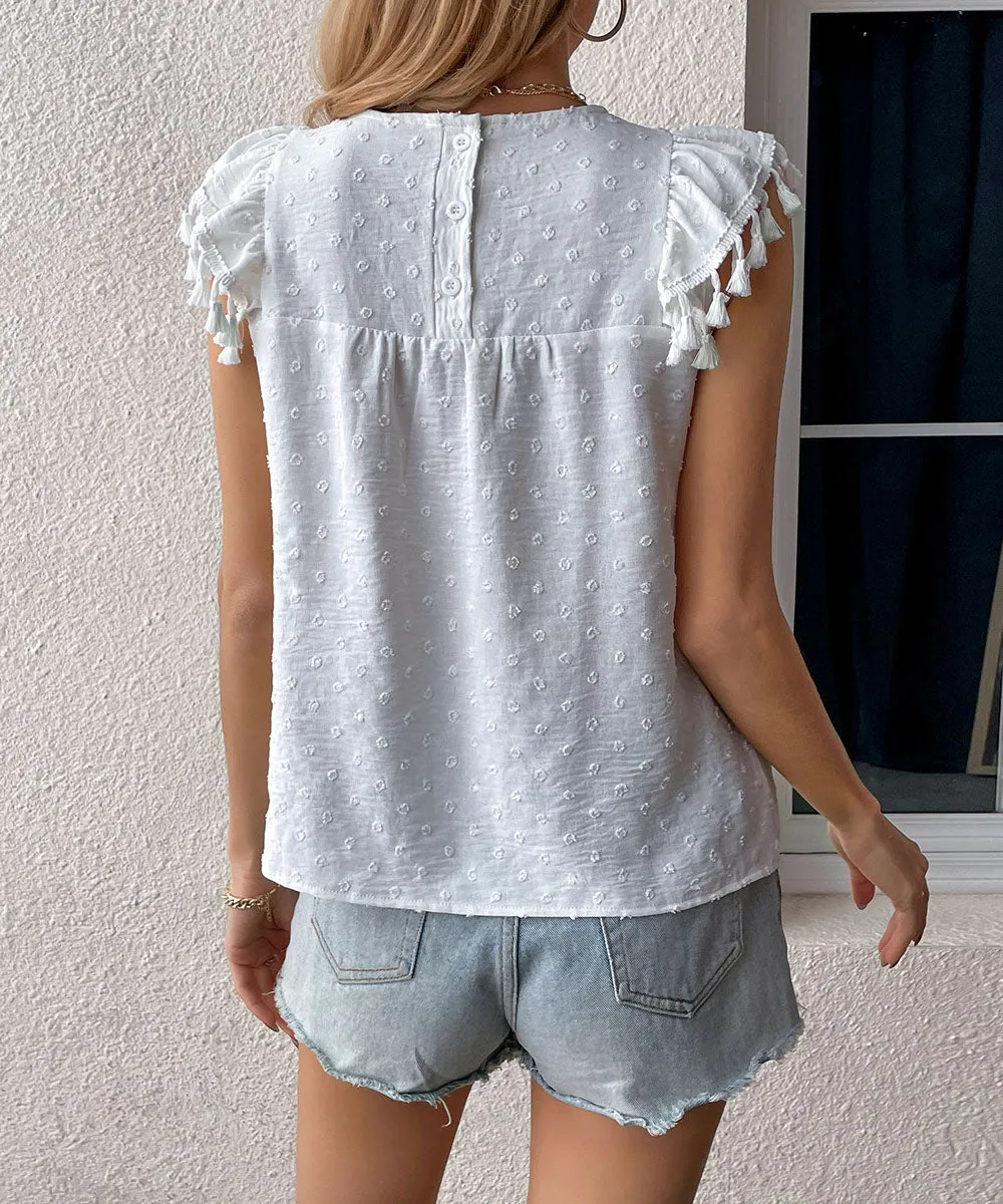 Charm and Style: Women's Swiss Dot Blouse - Fringe Cap Sleeves Top