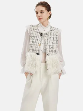 Chic Tweed Shearling Patchwork Single-breasted Vest Jacket