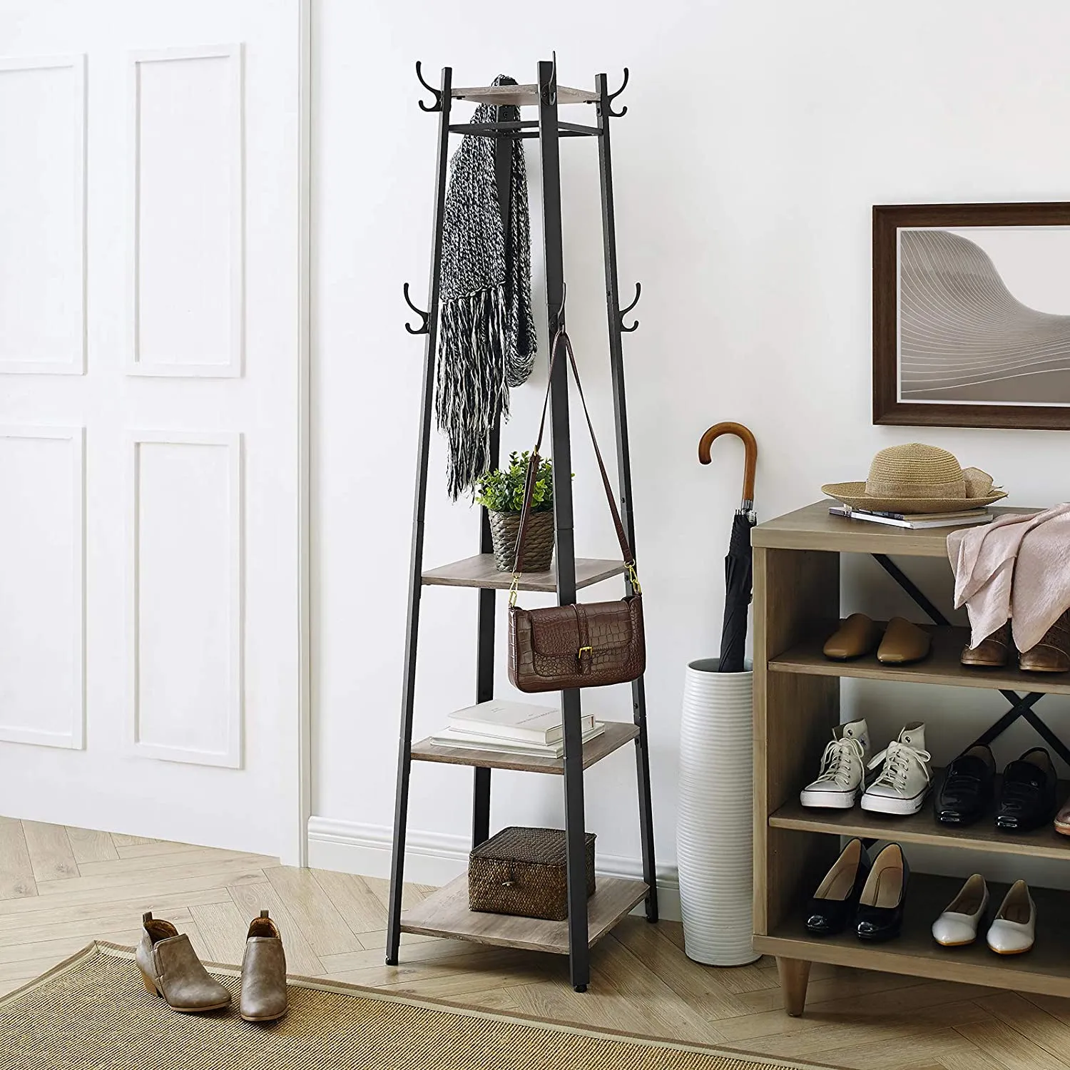 Coat Rack |Hall Trees | Coat Stand with 3 Shelves