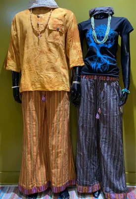 Cotton Wide-Leg Bhutani Trim Flare Pants - Stripes