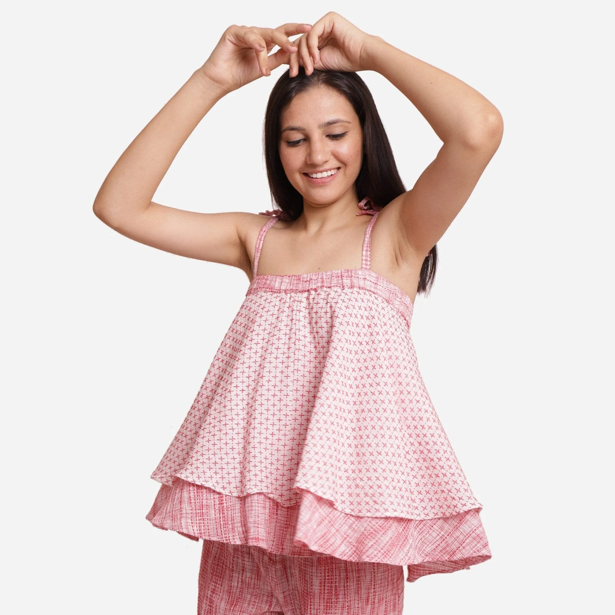 Crinkled Cotton Strappy Top and Baggy Pant Co-ord Set