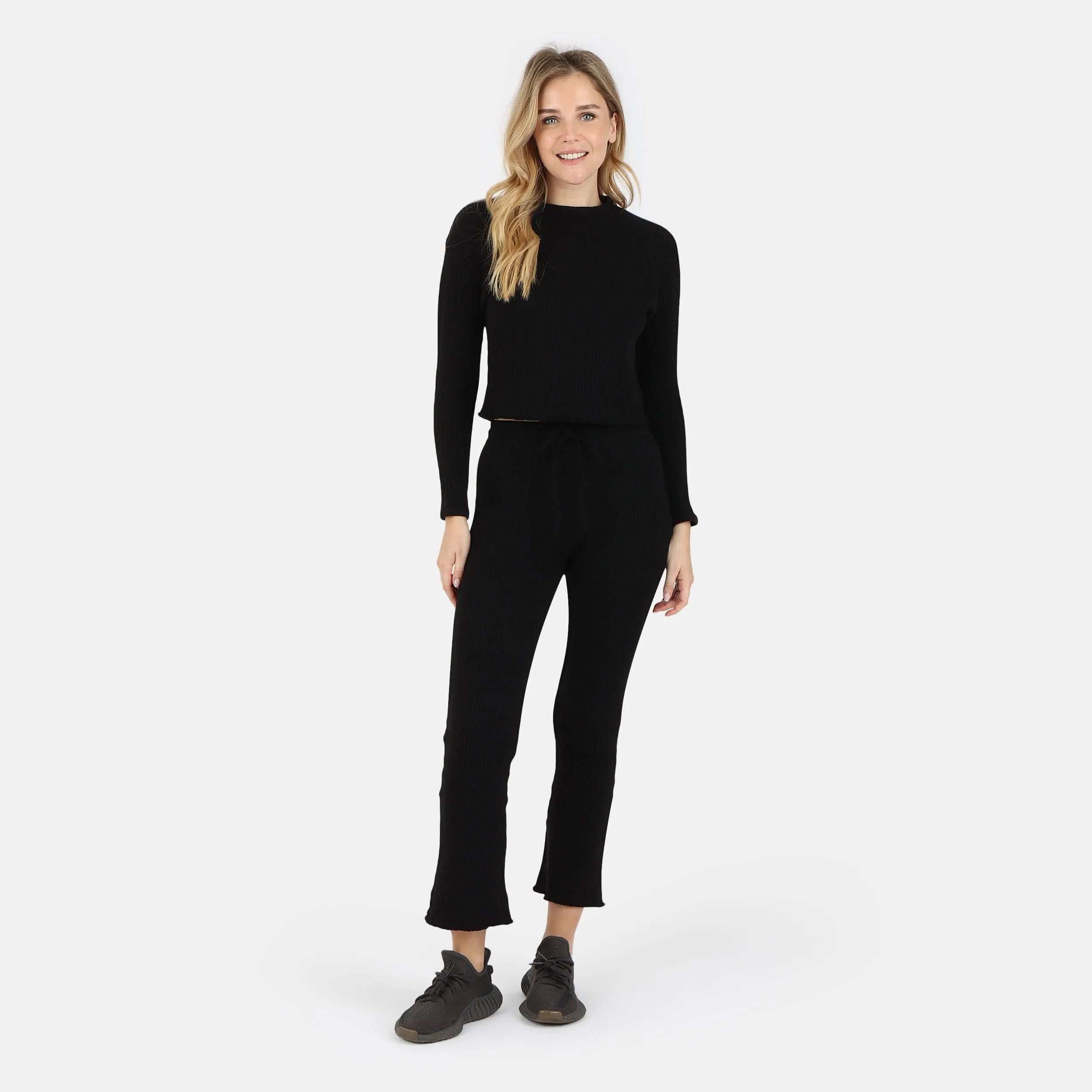 Fiona Organic Cotton Waffle Thermal Pullover Top - Black