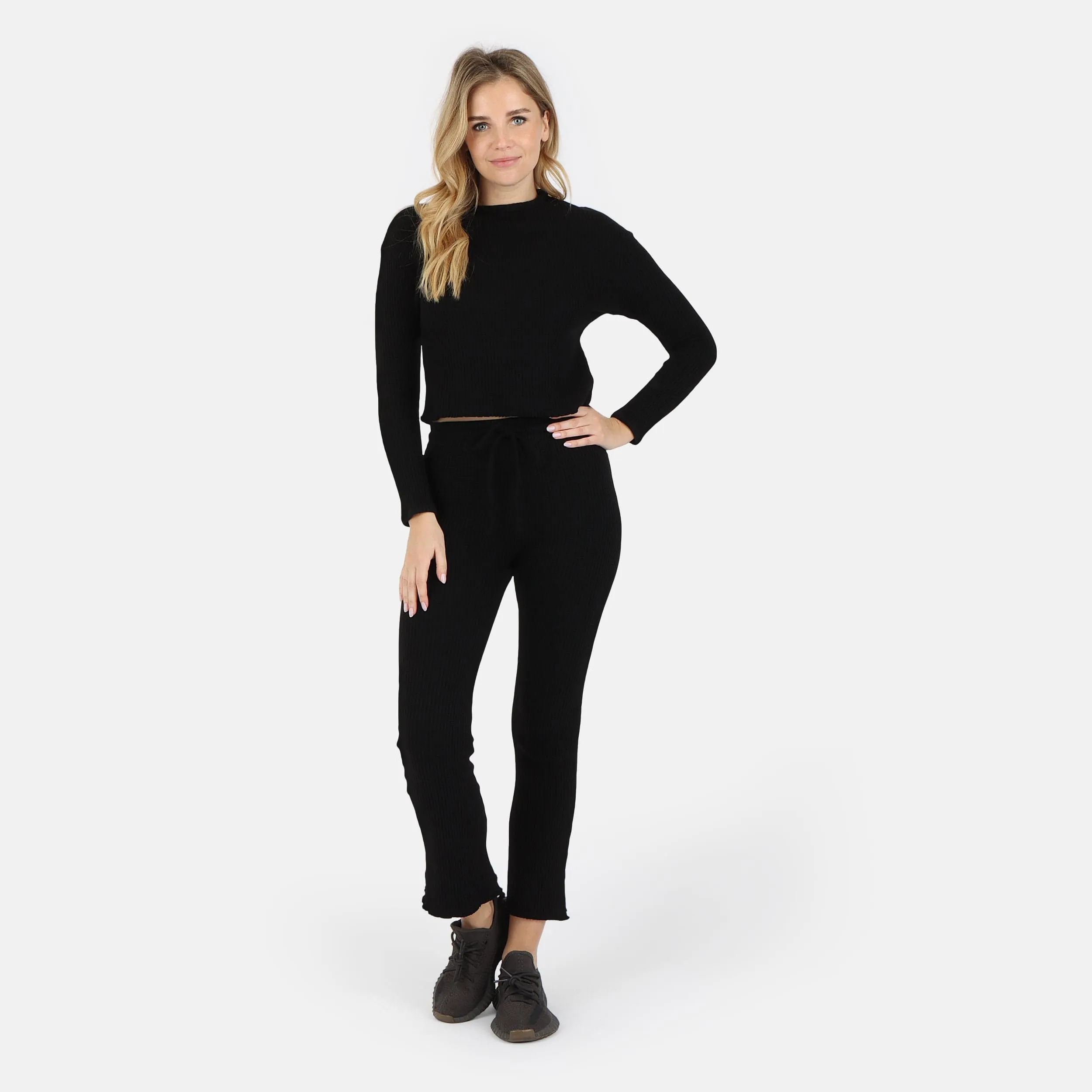 Fiona Organic Cotton Waffle Thermal Pullover Top - Black