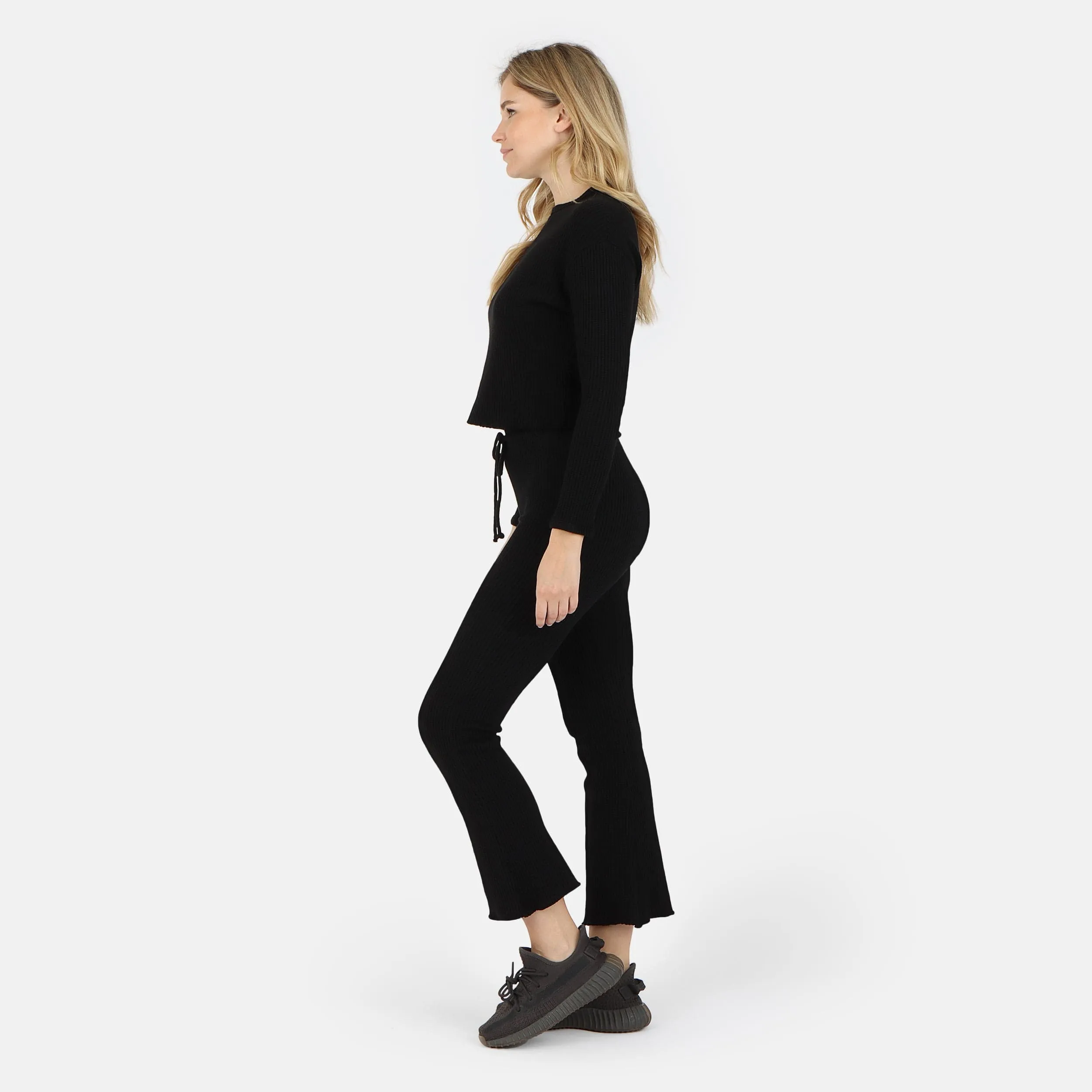 Fiona Organic Cotton Waffle Thermal Pullover Top - Black