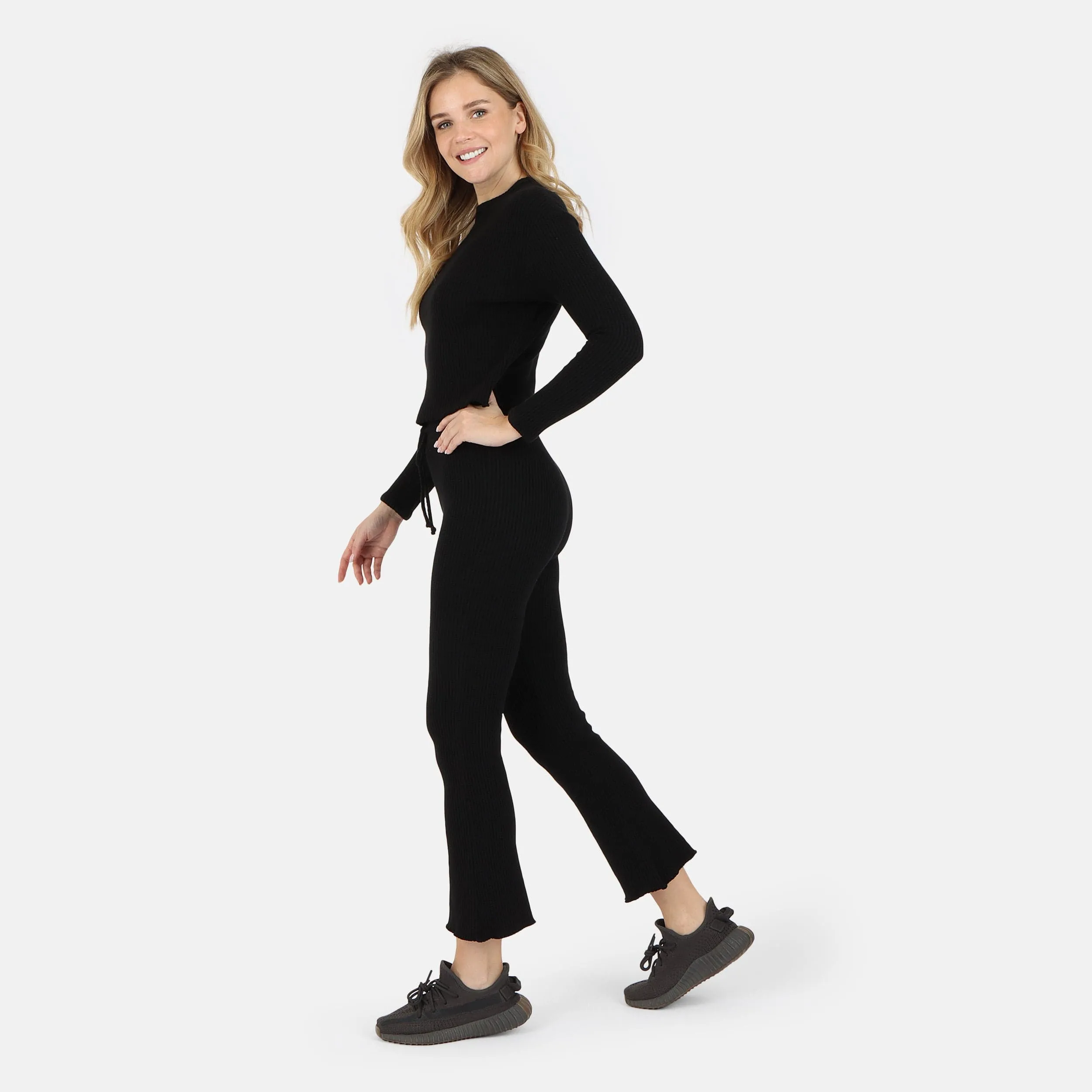 Fiona Organic Cotton Waffle Thermal Pullover Top - Black