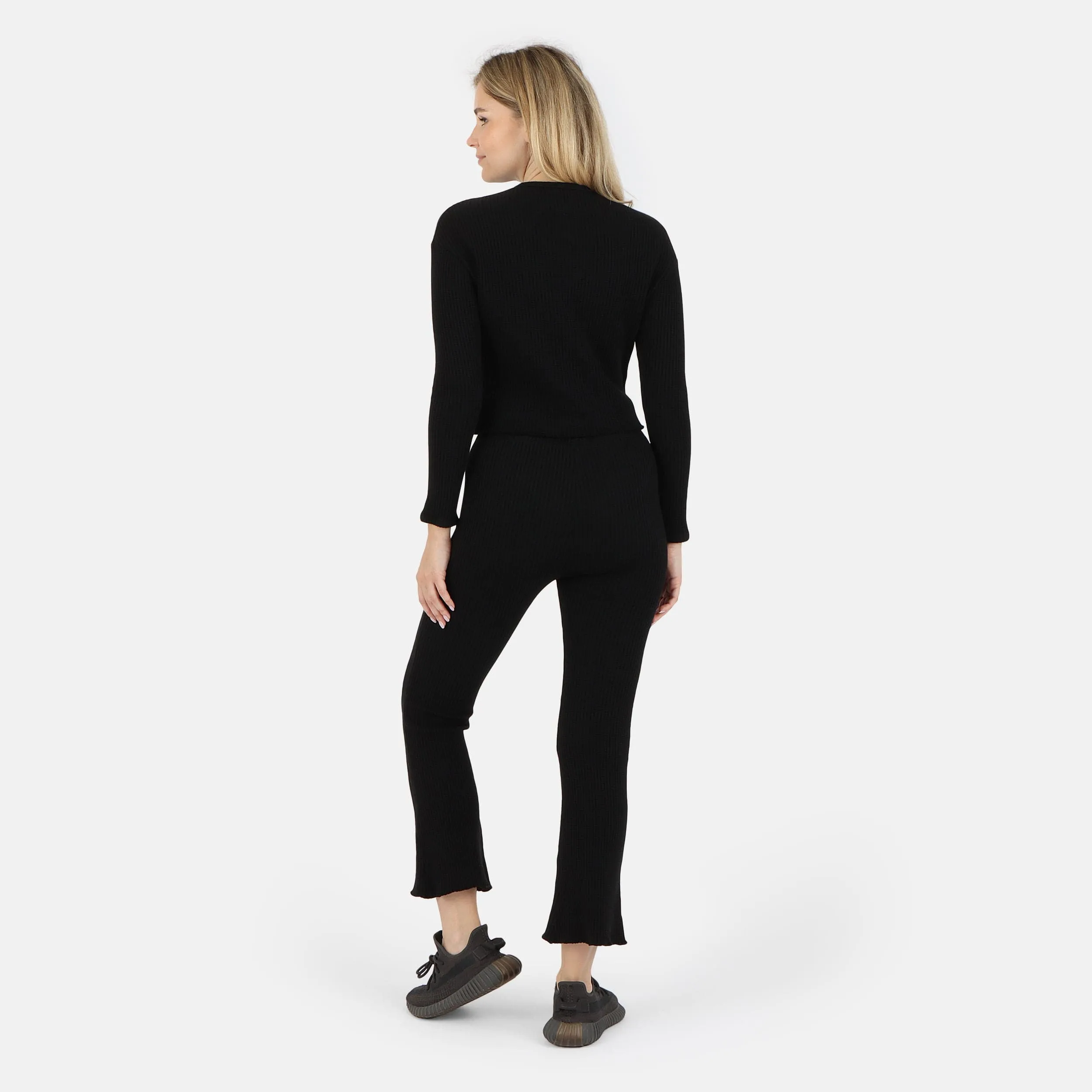Fiona Organic Cotton Waffle Thermal Pullover Top - Black