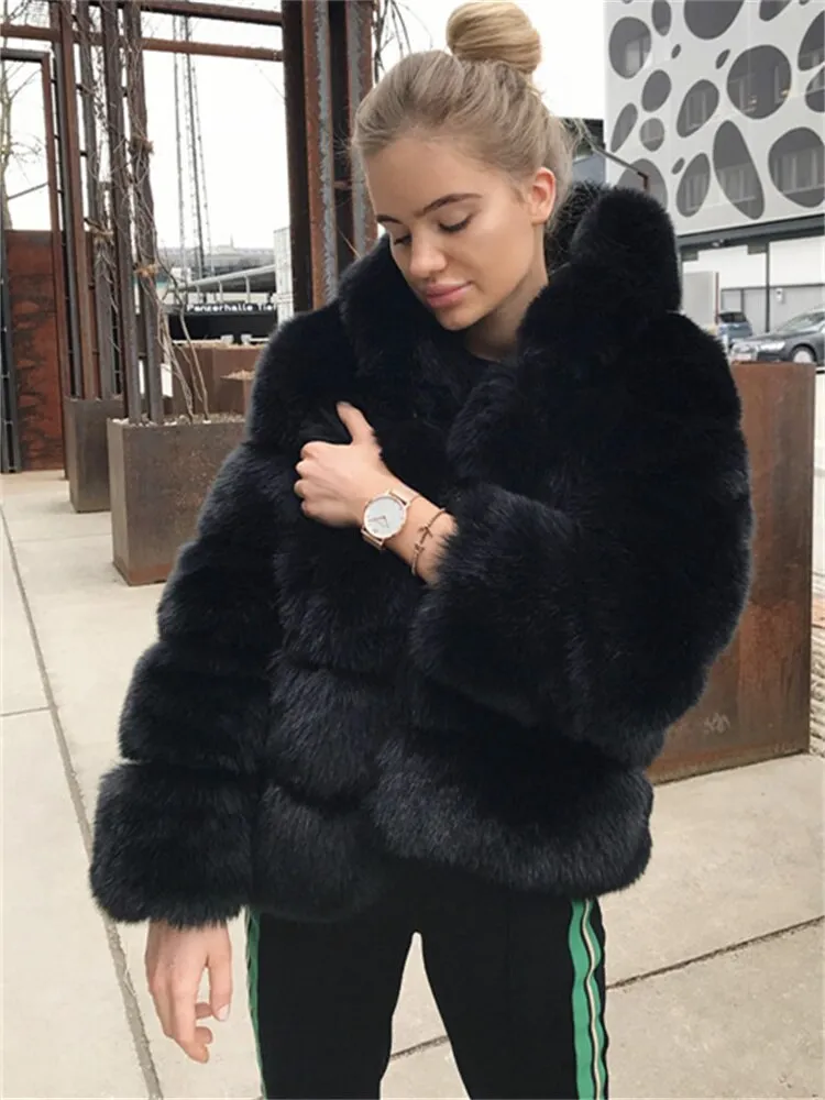 FQLWL Winter Bodycon Dress For Women 2022 White Long Sleeve Hooded Faux Fur Pink Coat Fashion Coats And Jacket Women