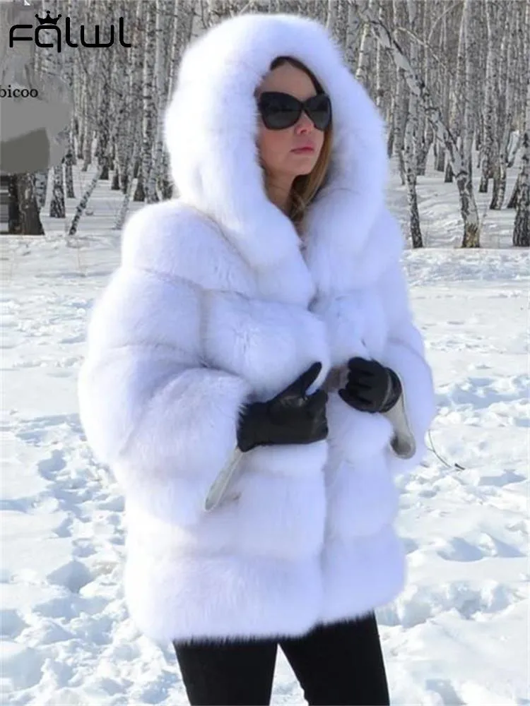 FQLWL Winter Bodycon Dress For Women 2022 White Long Sleeve Hooded Faux Fur Pink Coat Fashion Coats And Jacket Women