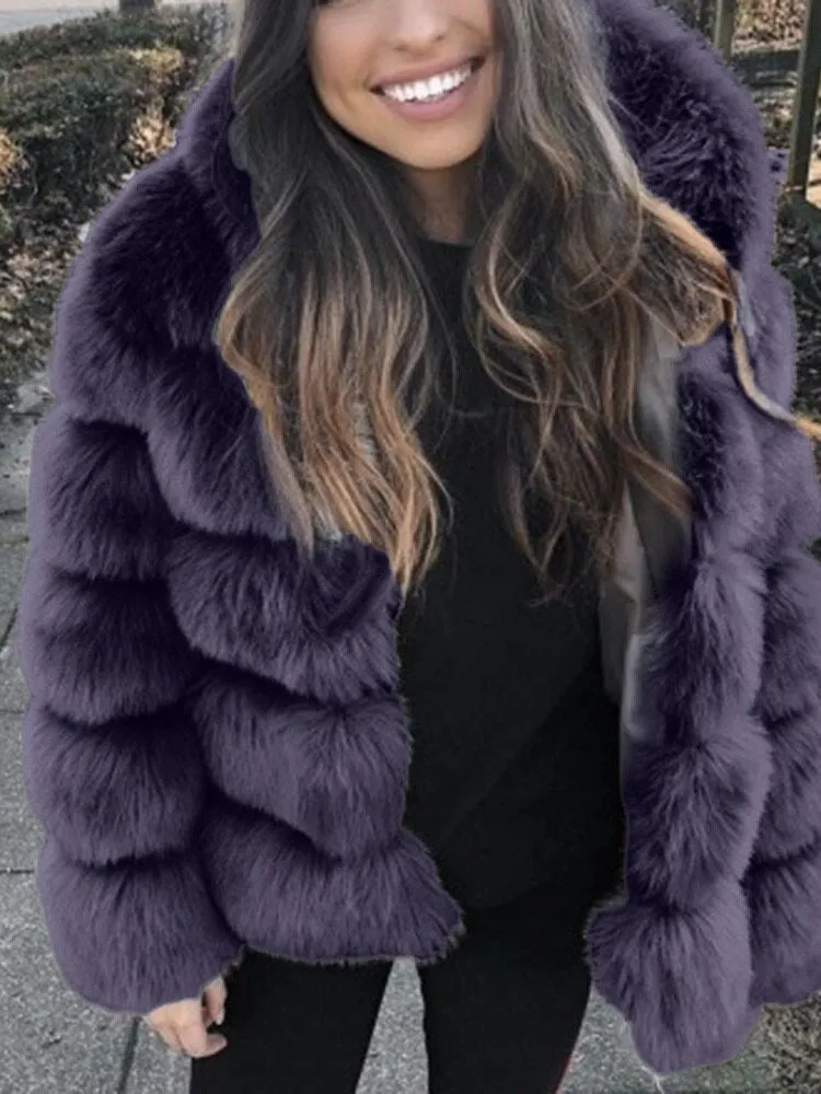 FQLWL Winter Bodycon Dress For Women 2022 White Long Sleeve Hooded Faux Fur Pink Coat Fashion Coats And Jacket Women