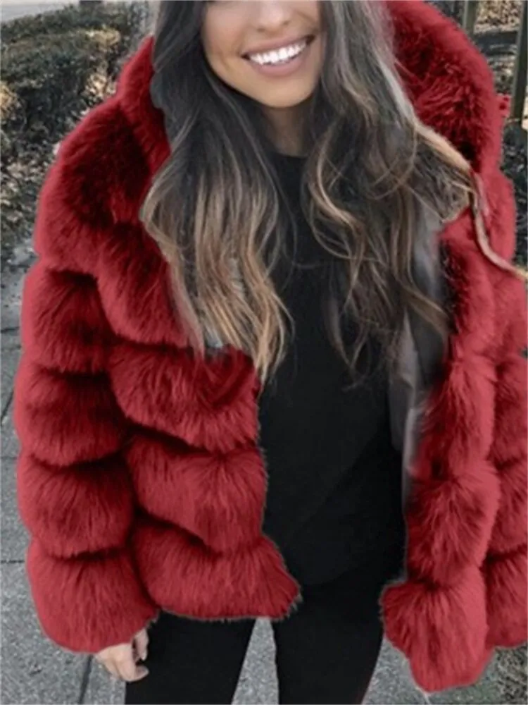 FQLWL Winter Bodycon Dress For Women 2022 White Long Sleeve Hooded Faux Fur Pink Coat Fashion Coats And Jacket Women