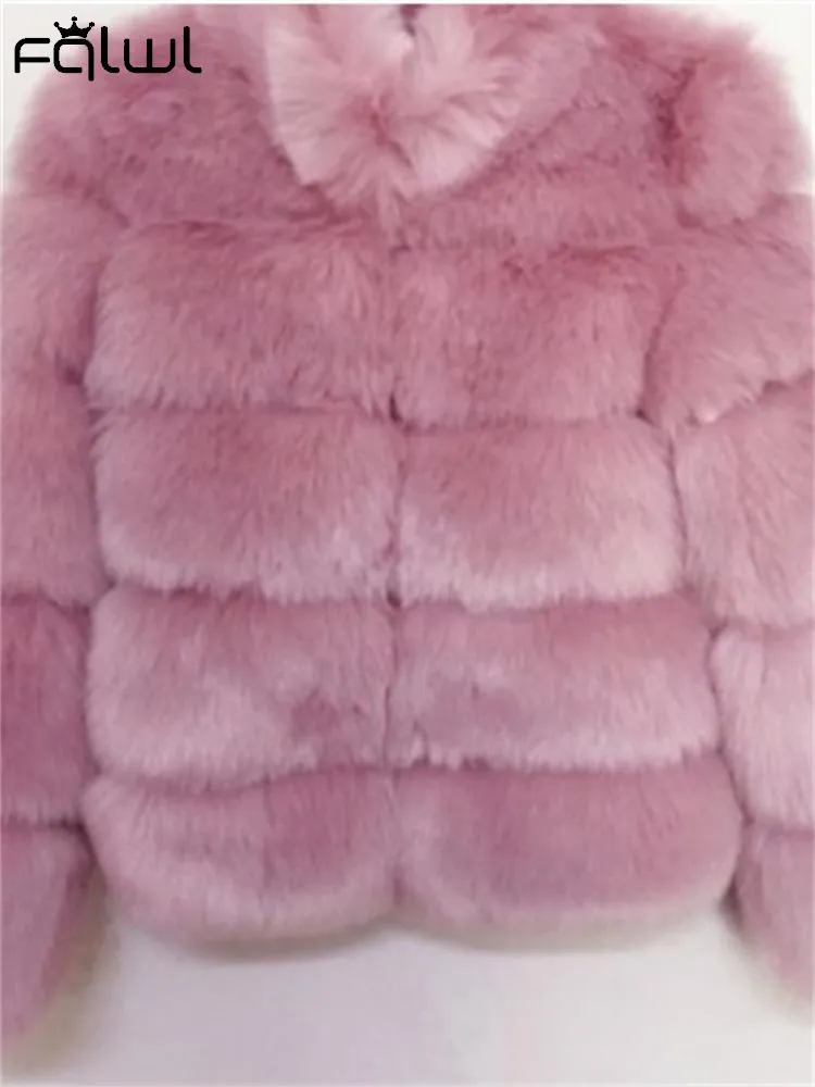 FQLWL Winter Bodycon Dress For Women 2022 White Long Sleeve Hooded Faux Fur Pink Coat Fashion Coats And Jacket Women