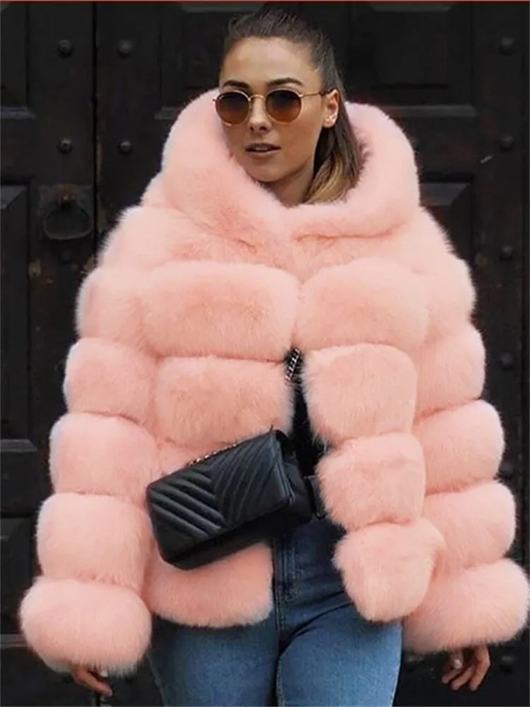 FQLWL Winter Bodycon Dress For Women 2022 White Long Sleeve Hooded Faux Fur Pink Coat Fashion Coats And Jacket Women
