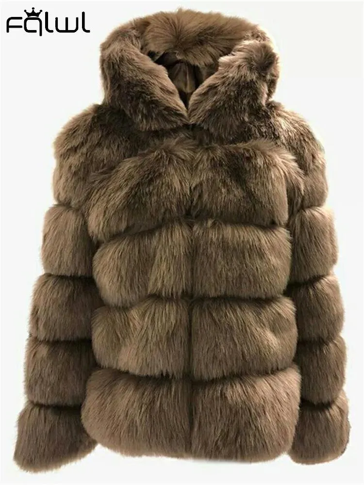 FQLWL Winter Bodycon Dress For Women 2022 White Long Sleeve Hooded Faux Fur Pink Coat Fashion Coats And Jacket Women