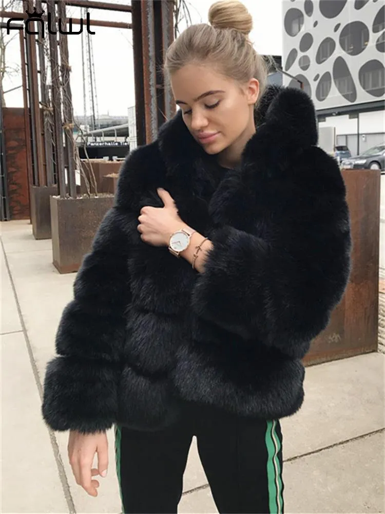 FQLWL Winter Bodycon Dress For Women 2022 White Long Sleeve Hooded Faux Fur Pink Coat Fashion Coats And Jacket Women