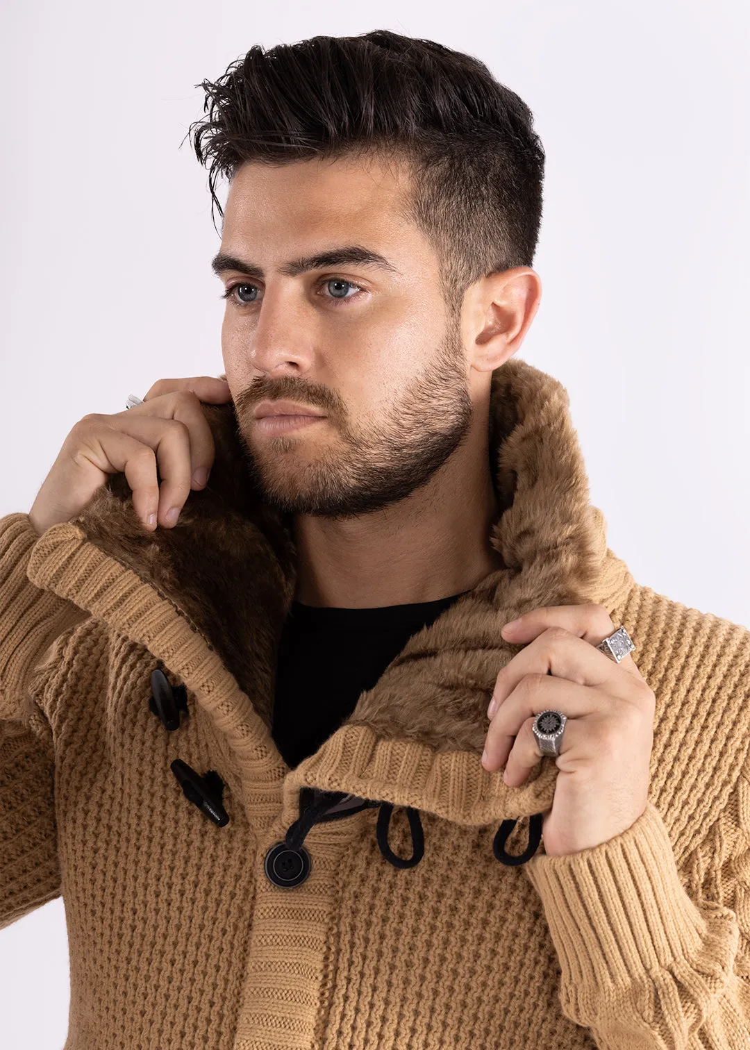 Fur-Lined Collar Button Up Sweater Beige