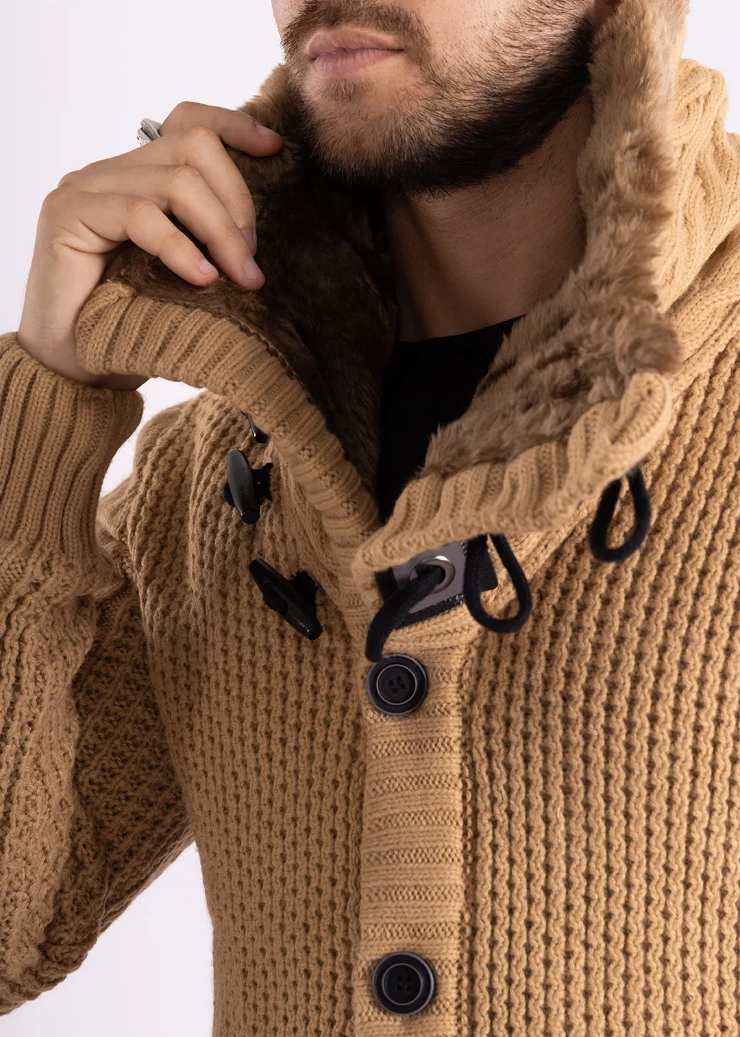 Fur-Lined Collar Button Up Sweater Beige
