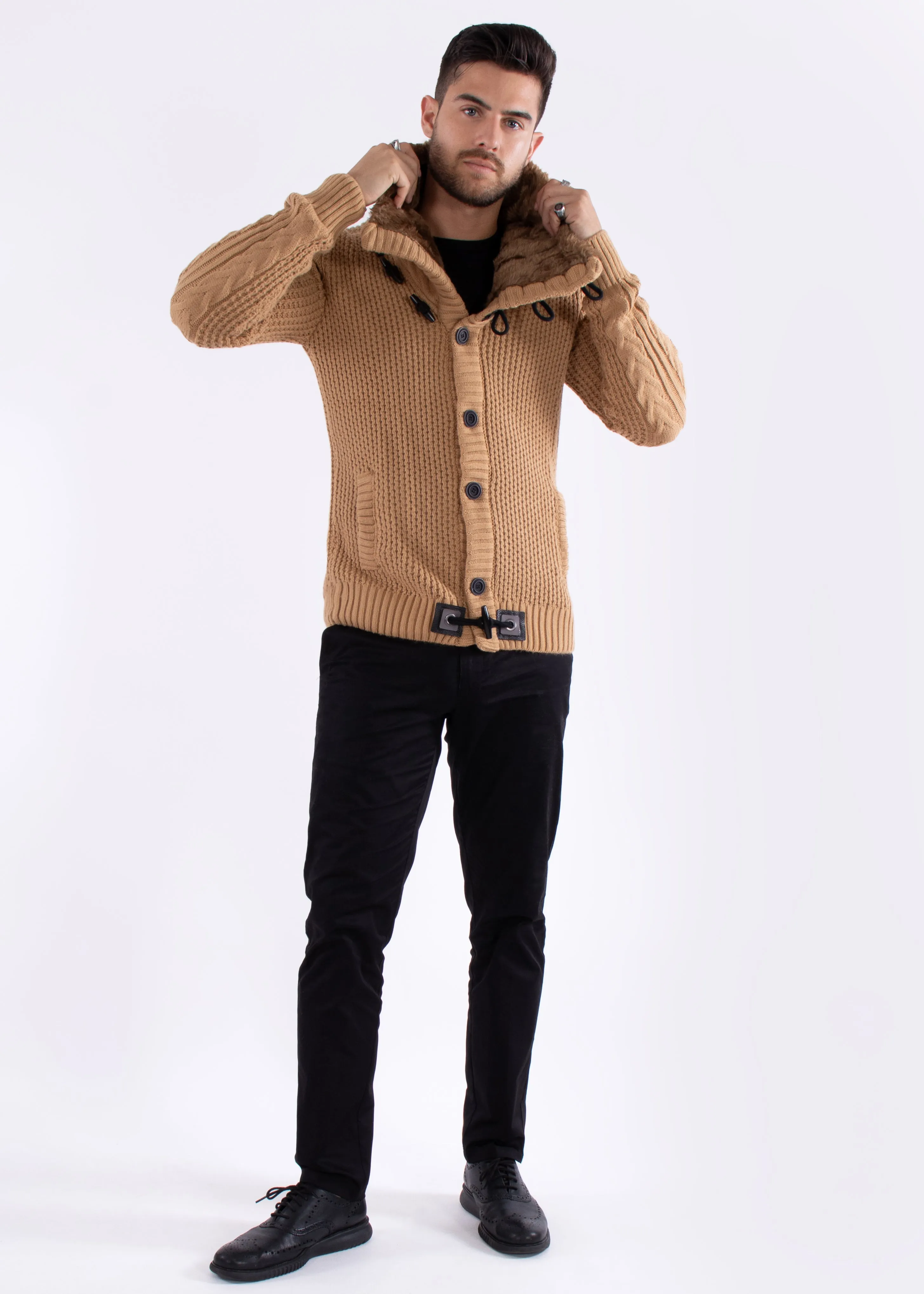 Fur-Lined Collar Button Up Sweater Beige
