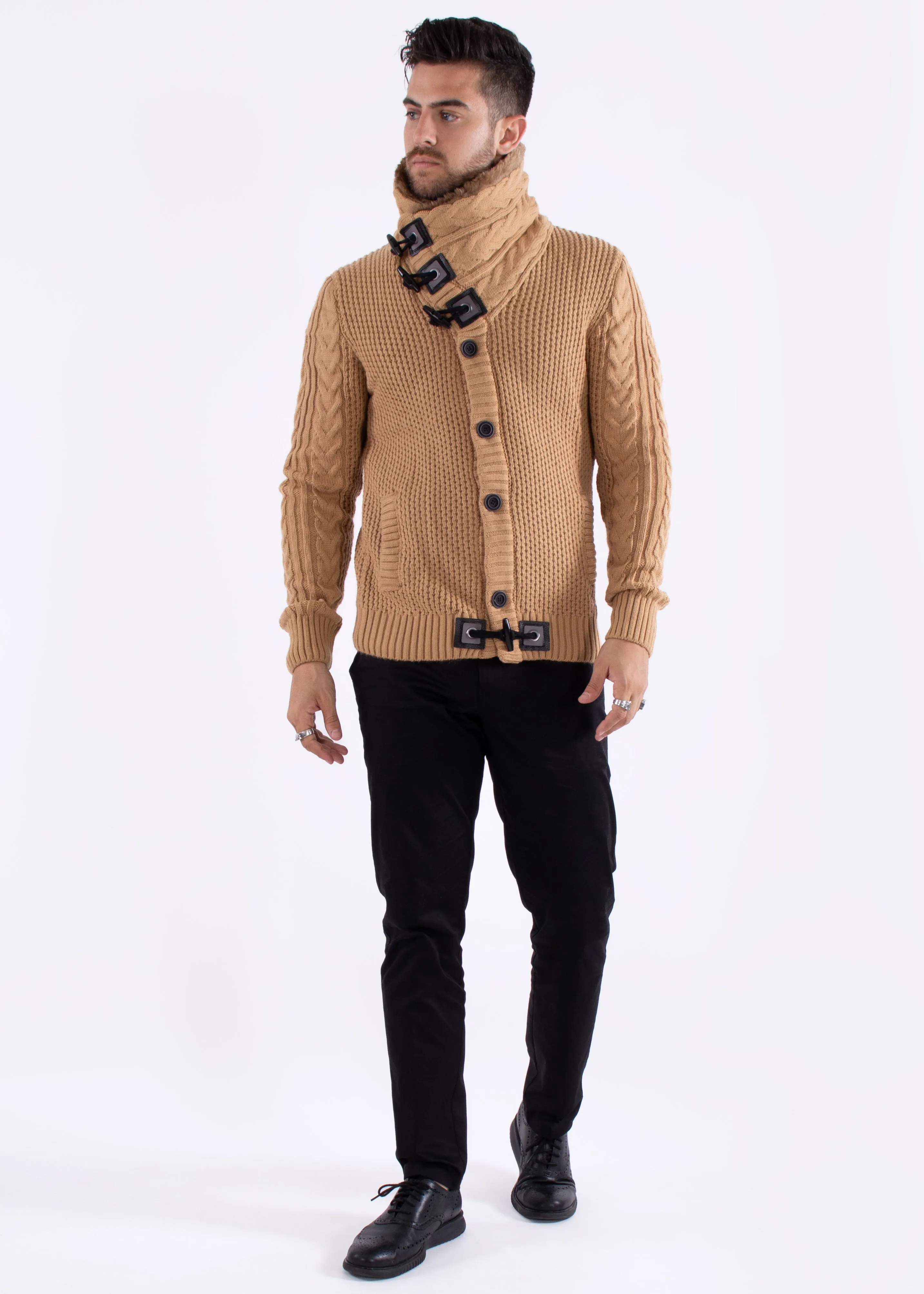 Fur-Lined Collar Button Up Sweater Beige