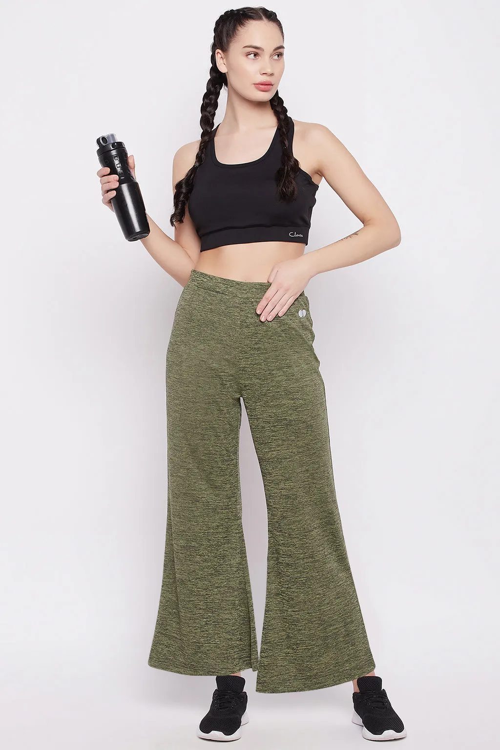 Green Melange Comfort Fit Flared Active Pants