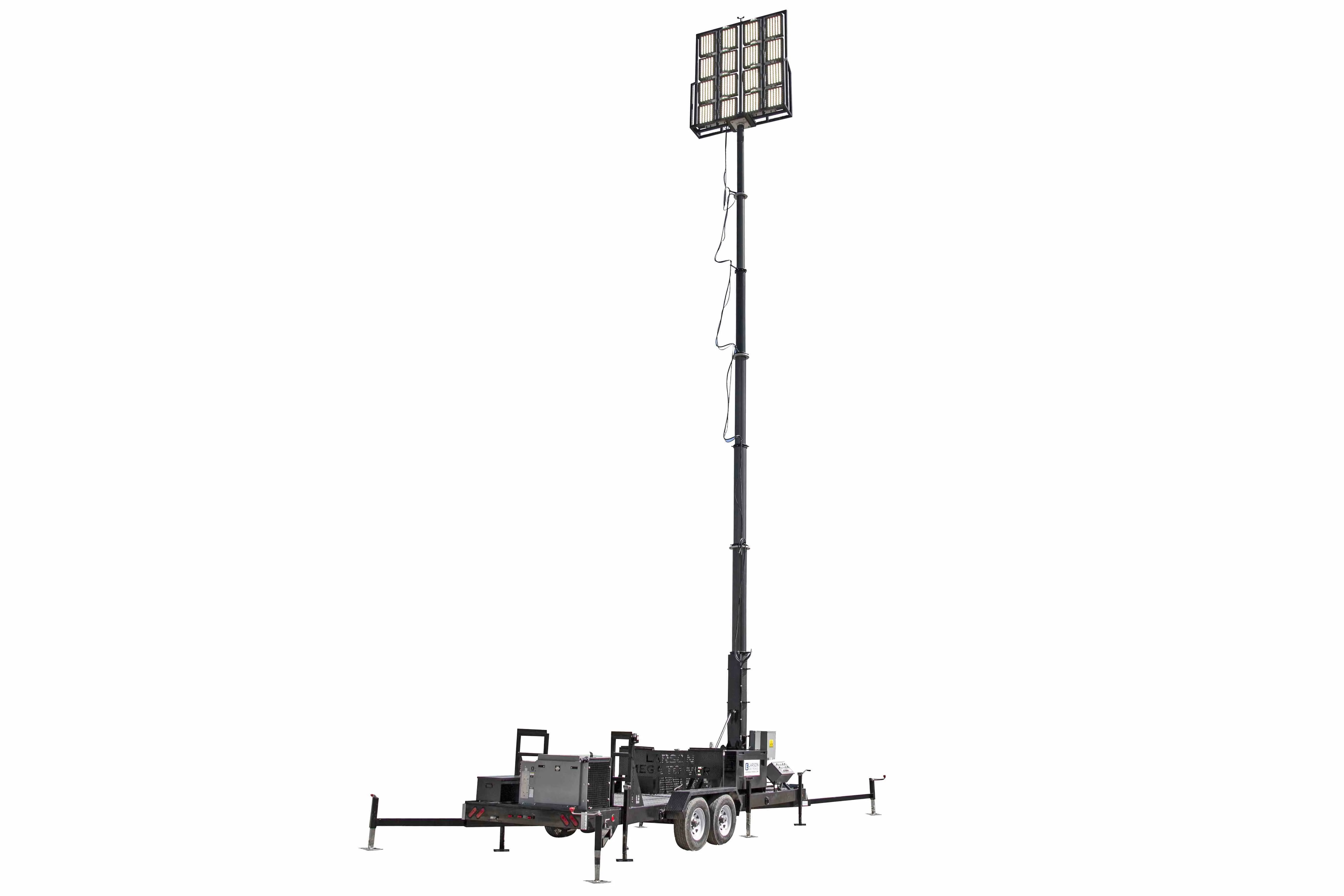 Larson Electronics 50' Pneumatic Megatower™ on 21' Trailer - (16) 500 Watt LED Lights, (4) Cameras, 2TB NVR, Router - 11KW Genset
