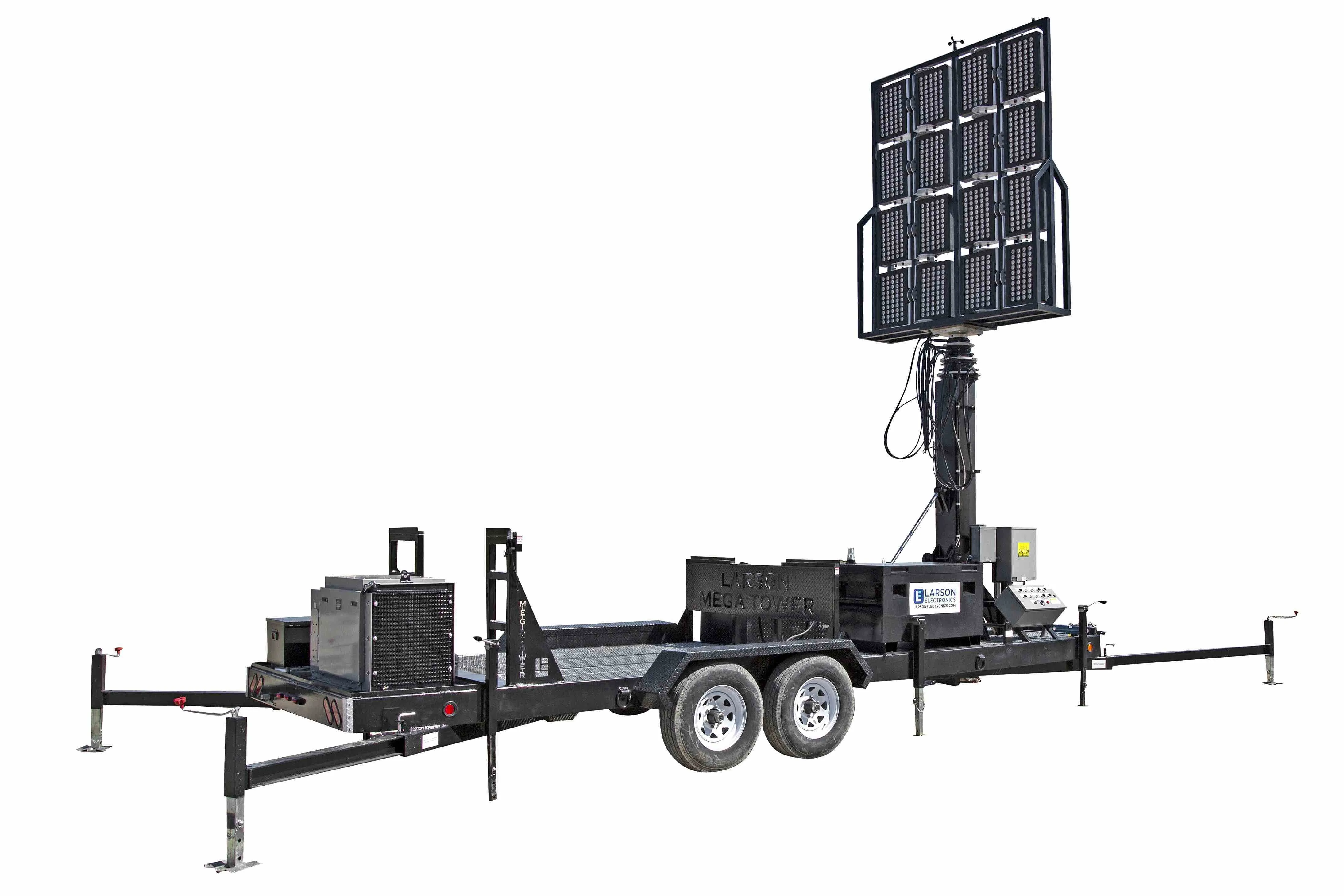 Larson Electronics 50' Pneumatic Megatower™ on 21' Trailer - (16) 500 Watt LED Lights, (4) Cameras, 2TB NVR, Router - 11KW Genset