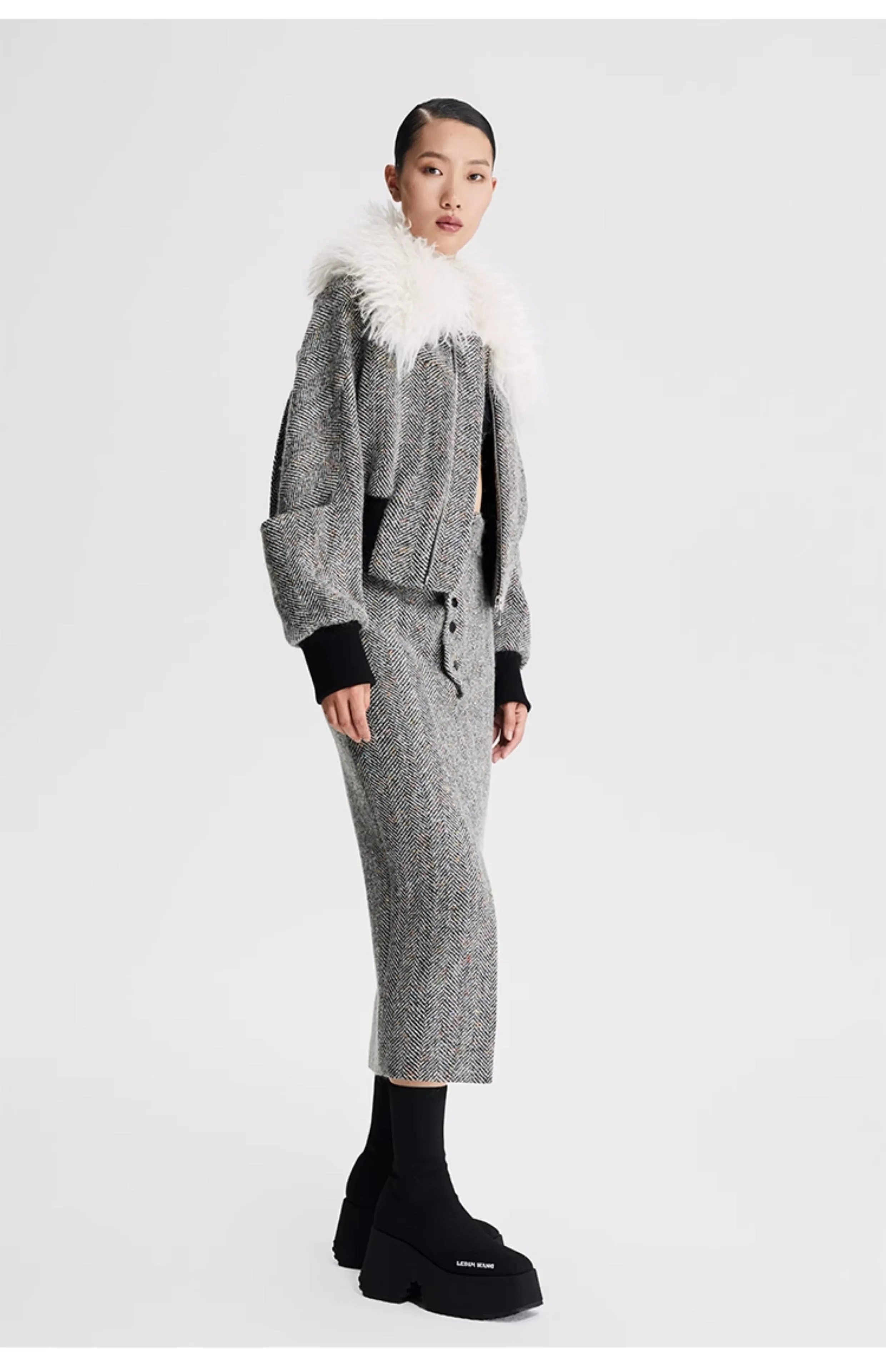 LEDIM W wool fur collar tweed cropped jacket SIll