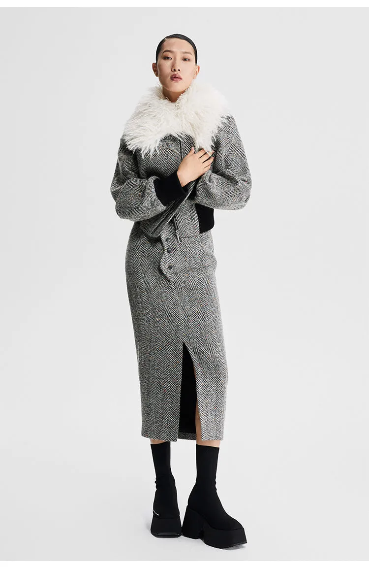 LEDIM W wool fur collar tweed cropped jacket SIll