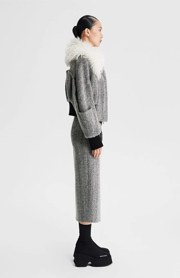 LEDIM W wool fur collar tweed cropped jacket SIll