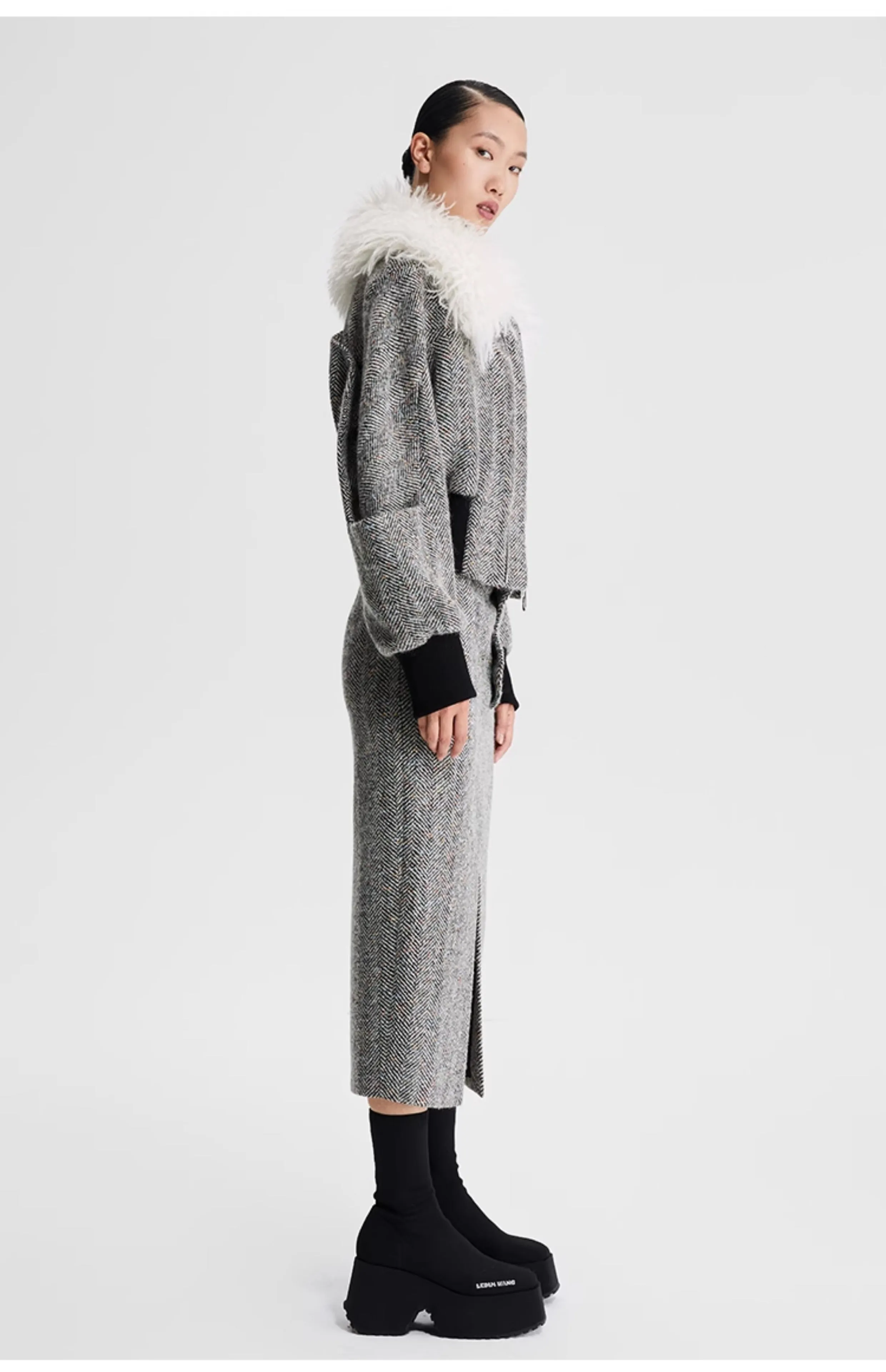 LEDIM W wool fur collar tweed cropped jacket SIll