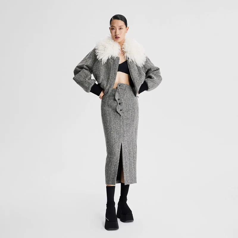 LEDIM W wool fur collar tweed cropped jacket SIll