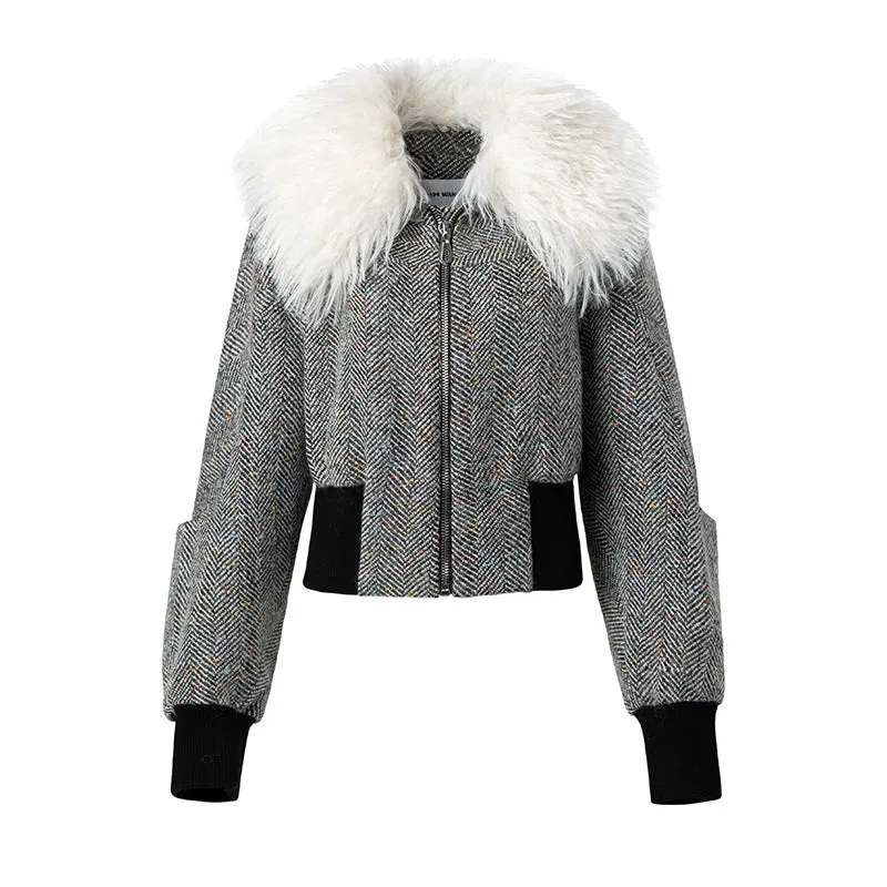 LEDIM W wool fur collar tweed cropped jacket SIll