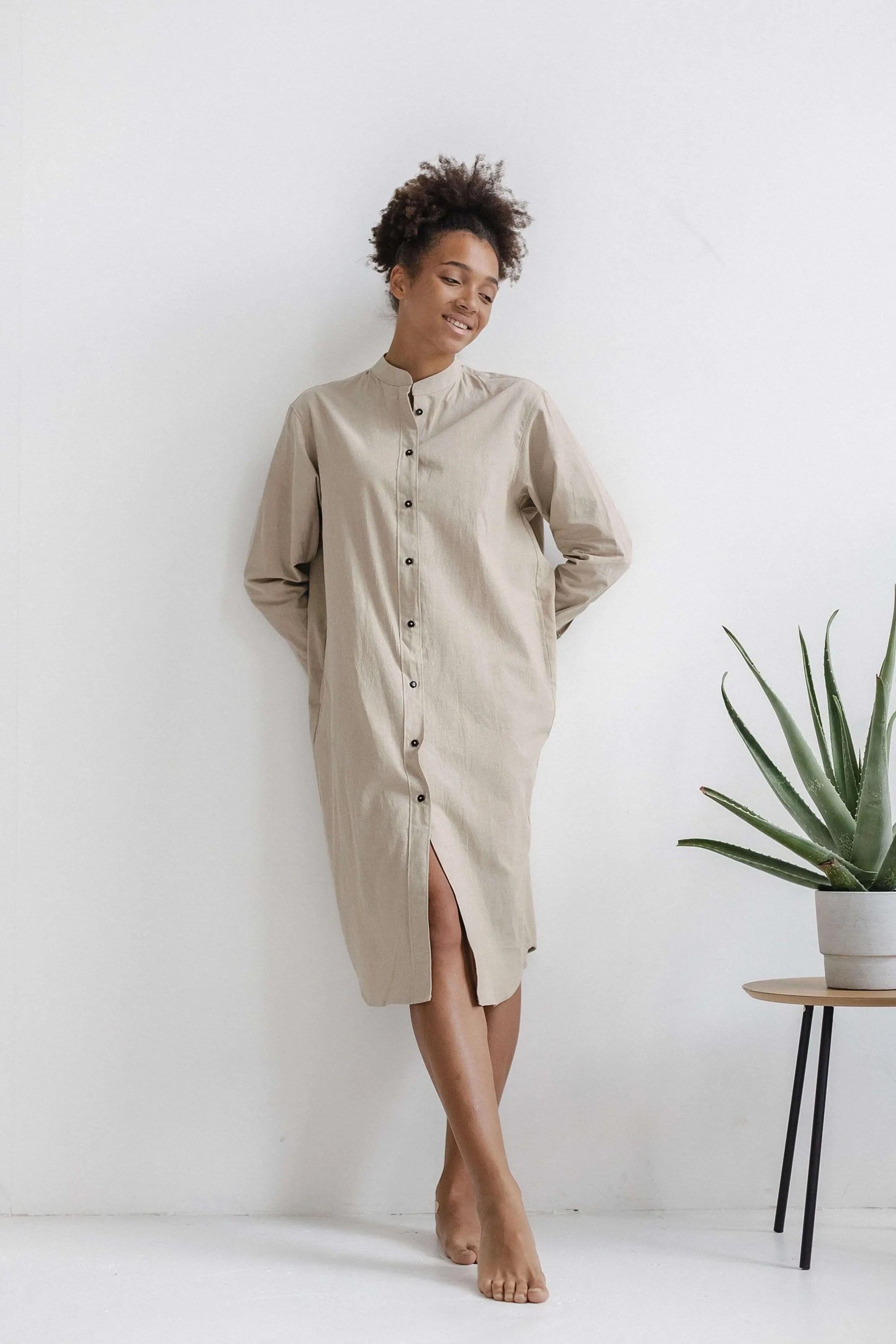 Long Sleeve Sleepdress — Beige