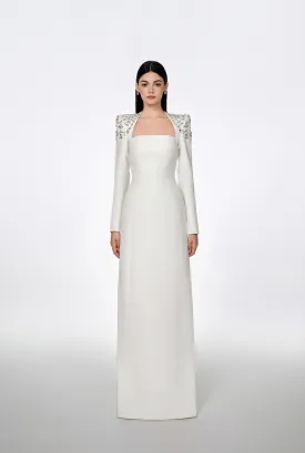 Long Sleeve Trapezoid Neckline Bodycon Full white Dress - Nina